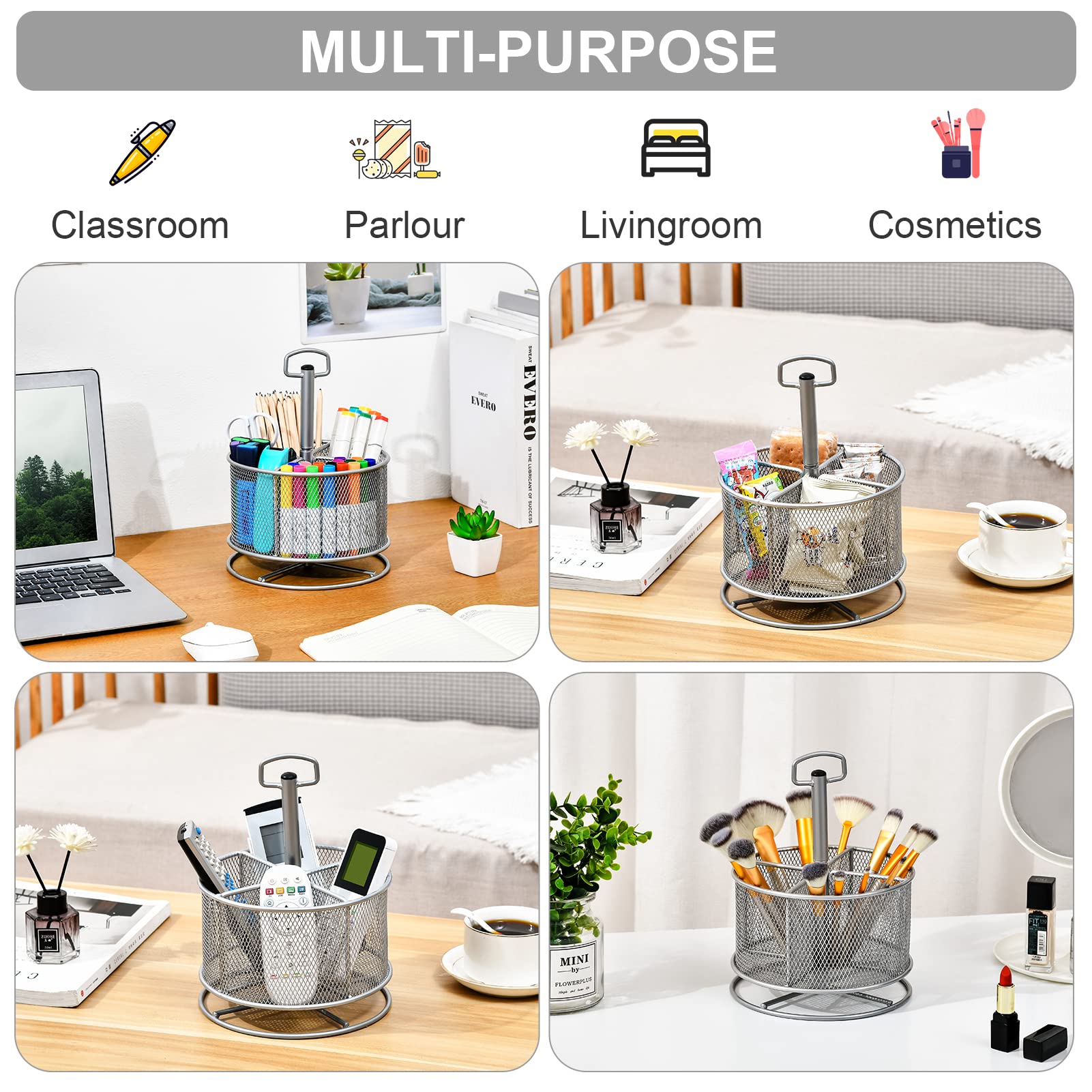 Marbrasse Mesh Desk Organizer, 360-Degree Rotating Multi-Functional Pen Holder, 4 Compartments