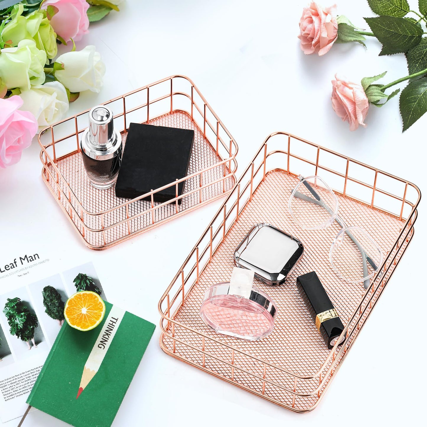 Hacaroa 4 Pack Rose Gold Wire Mesh Basket, Metal Desk Drawer Organizer Desktop Holder Tray for