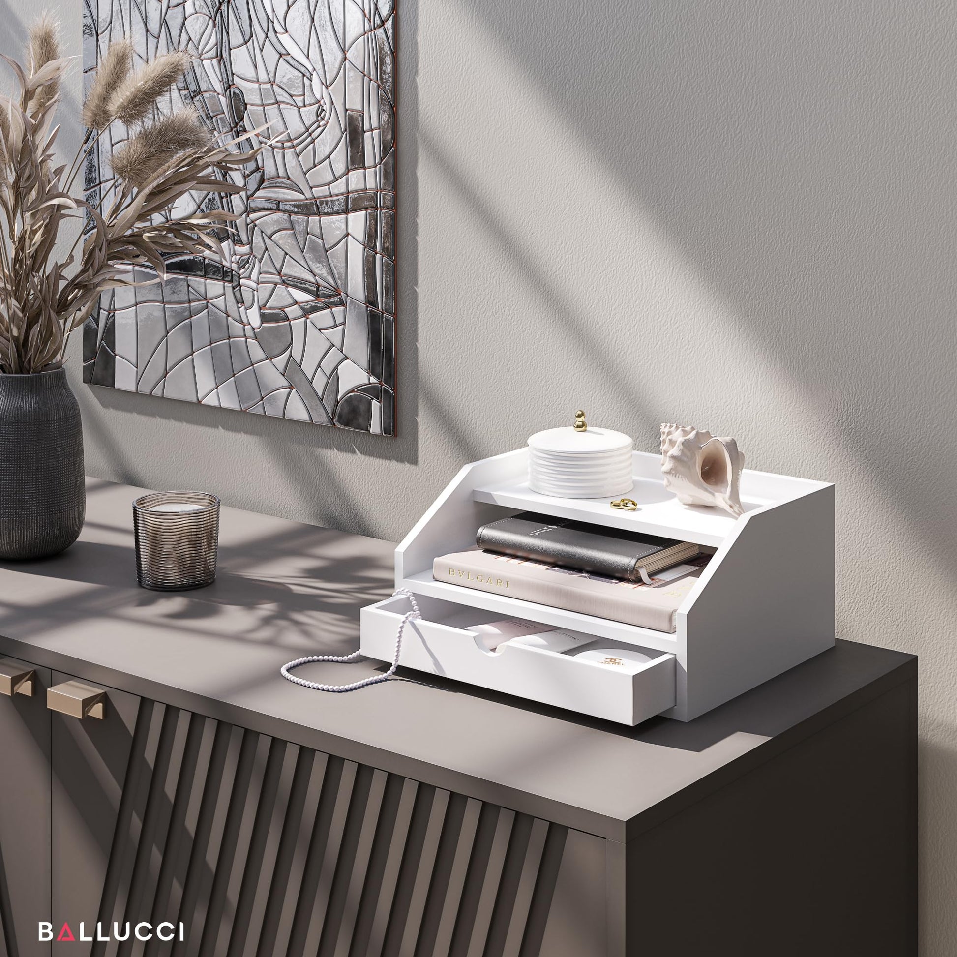 Ballucci Desk Organizer with Drawer, 2 Tier Paper Office Supplies Desk Organizer, 13 2/5" x 9 3/5"