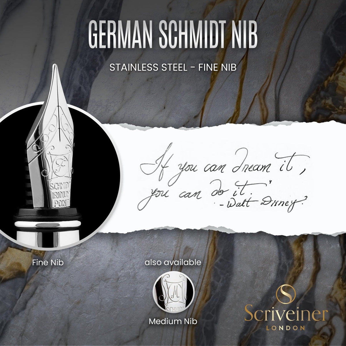 Scriveiner Midnight Blue Fountain Pen - Stunning Luxury Pen with Chrome Appointments, Schmidt Nib