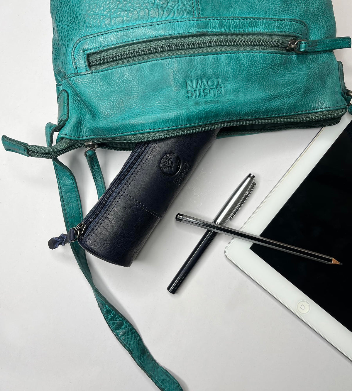 Rustic Town Leather Pencil Case - Full Grain Leather Zippered Pen Pouch - Stationery Bag Pen Holder