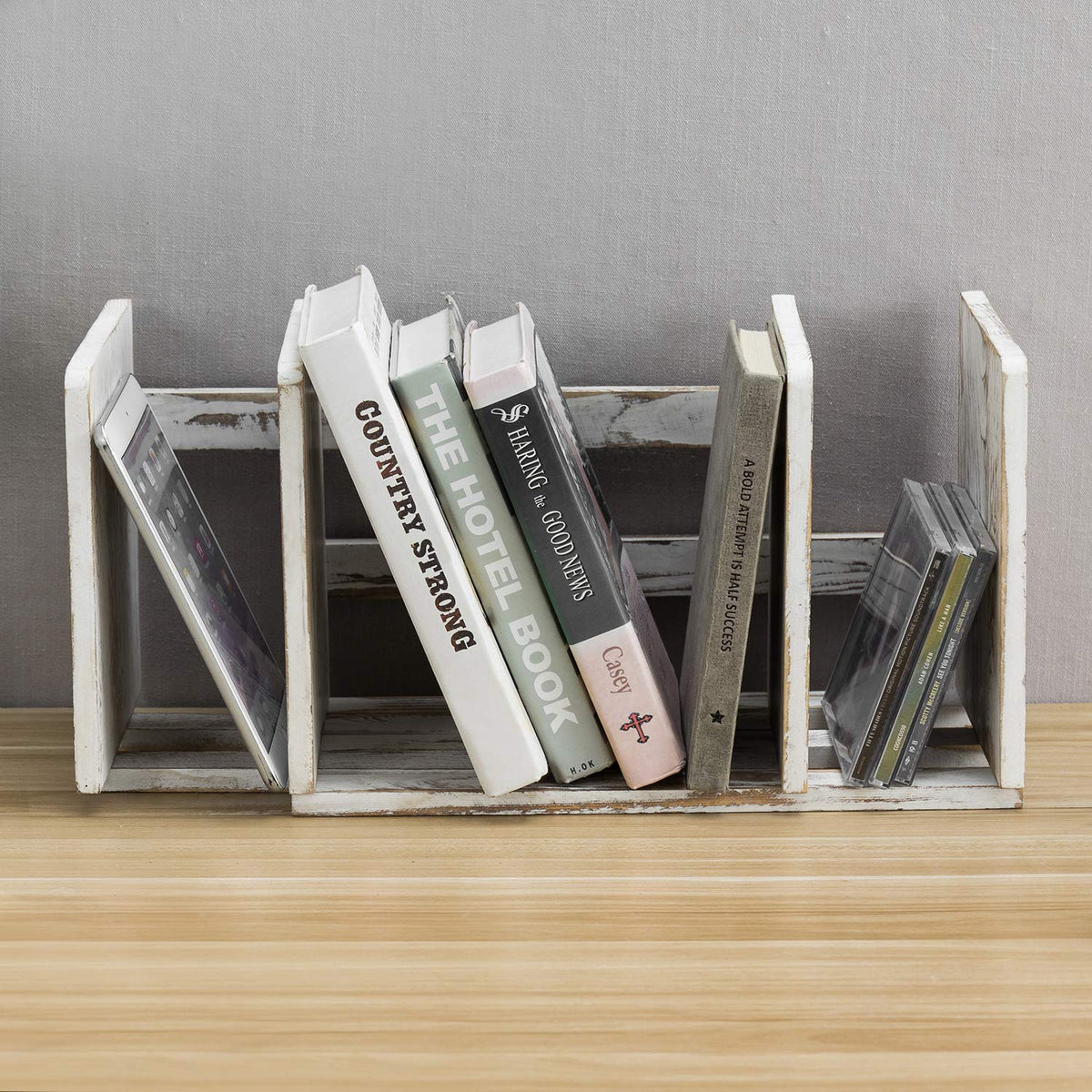MyGift Rustic Expandable Whitewashed Wood Desktop Bookshelf/Adjustable Tabletop Book Holder