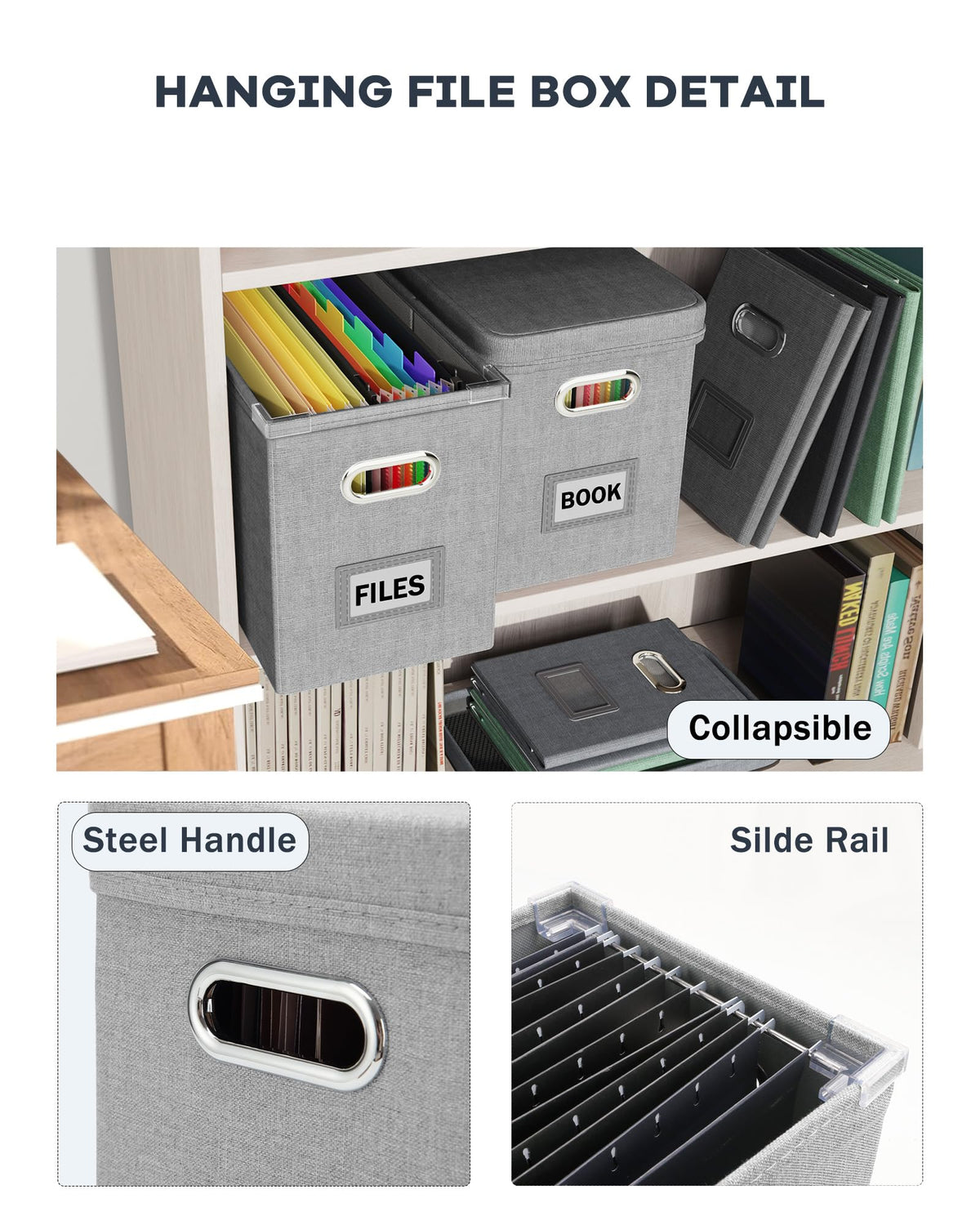 Oterri Hanging Filing File Box with Mesh Pocket, File Organizer Box with Lid, Collapsible Document