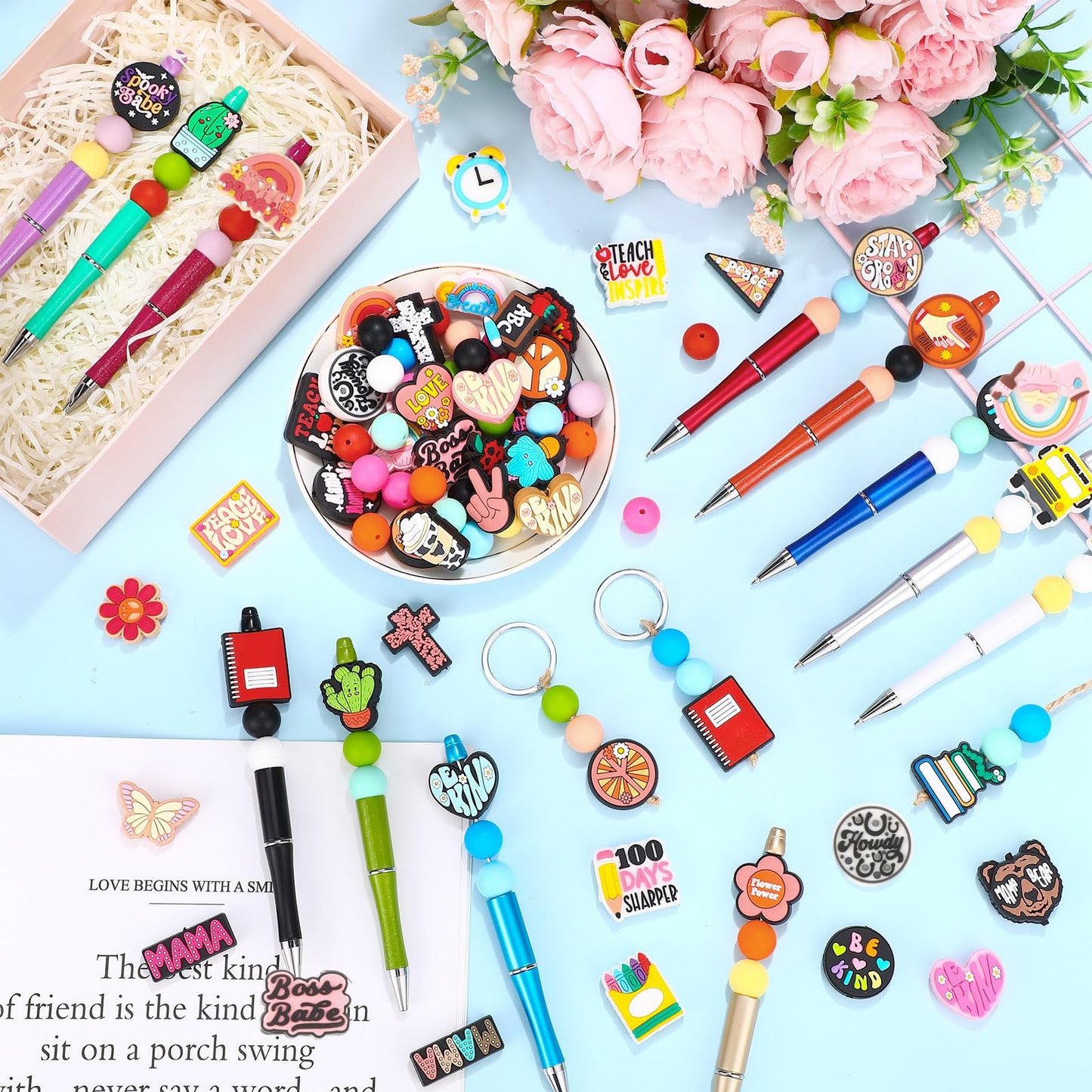 Humyoun 122 Pcs Beadable Pen DIY Kit with Silicone Beads, Bright Style