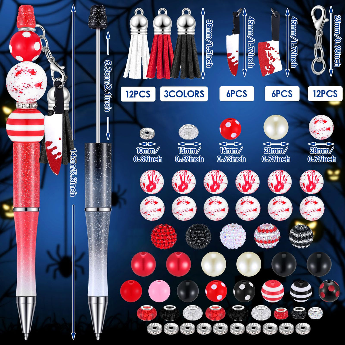 Teling 12 Sets Halloween Horrible Beadable Pens with Focal Silicone Beads