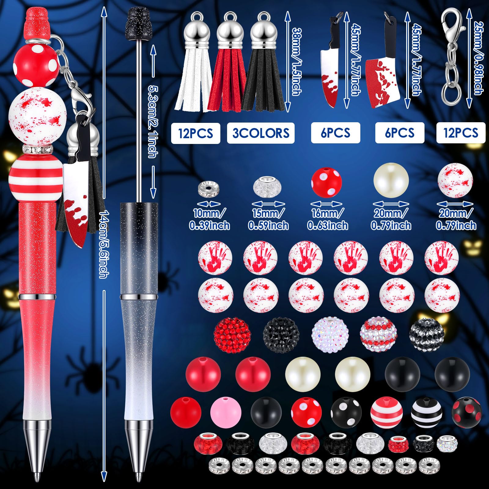 Teling 12 Sets Halloween Horrible Beadable Pens with Focal Silicone Beads