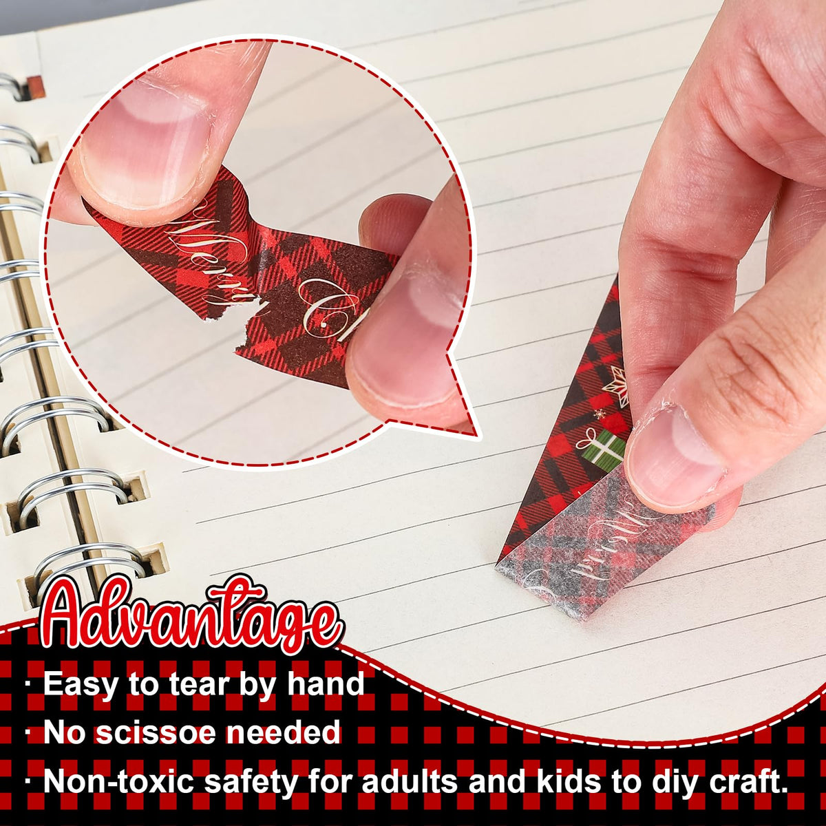 Whaline 12 Rolls Merry Christmas Washi Tape Black Red Plaid Washi Masking Tape Gnome Snowman