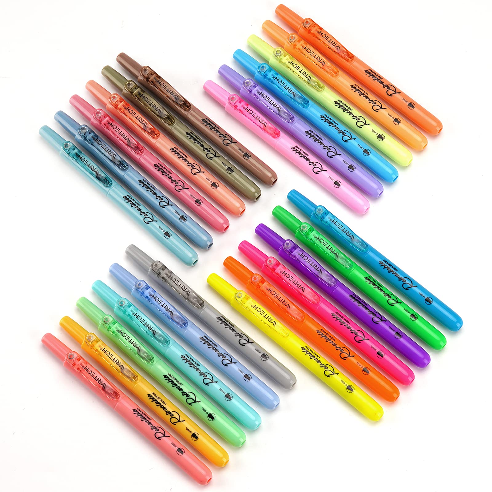 WRITECH Retractable Highlighters Chisel Tip: Assorted Colors 24ct Set