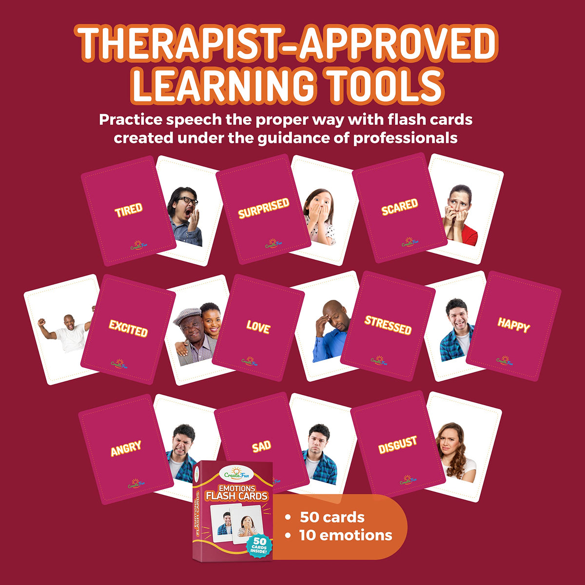 CreateFun 50 Emotion Flash Cards V1, Real Photo Feelings for Autism,Aphasia