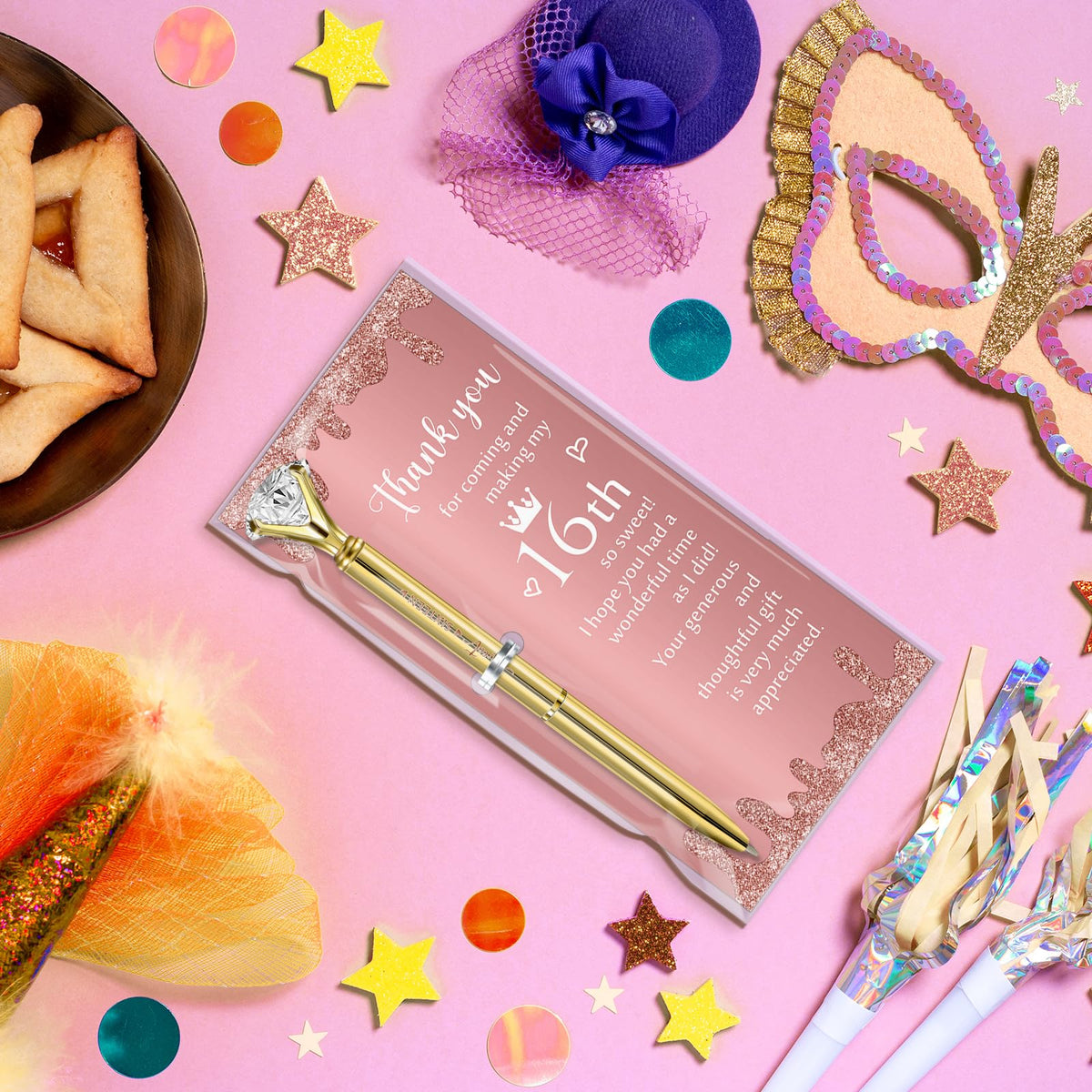 Feifeiya 36 Sets Sweet 16th Party Favors Pens with Thank You Cards, Diamond