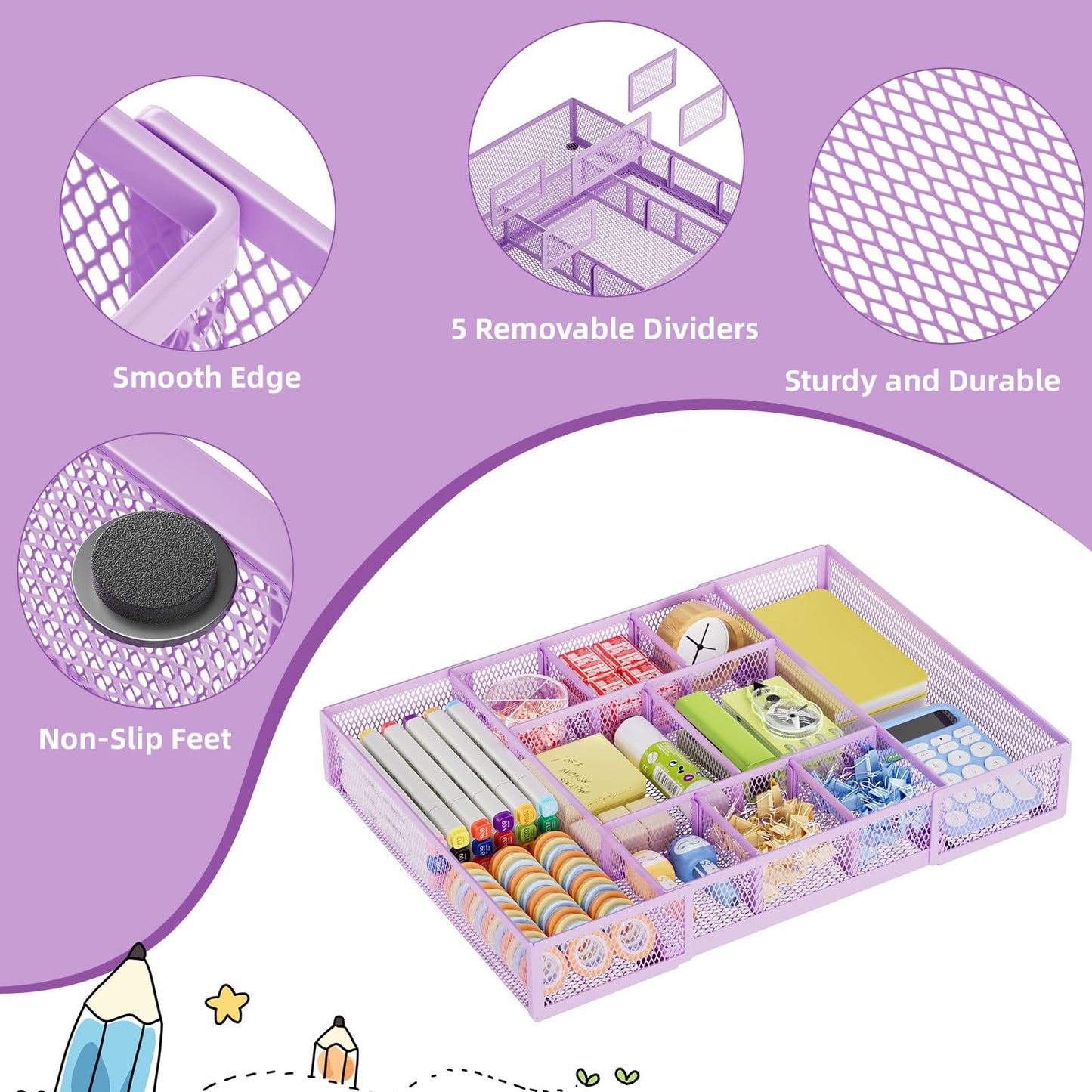 Marbrasse Expandable Desk Drawer Organizer, Mesh Drawer Organizer Tray with 10 Adjustable