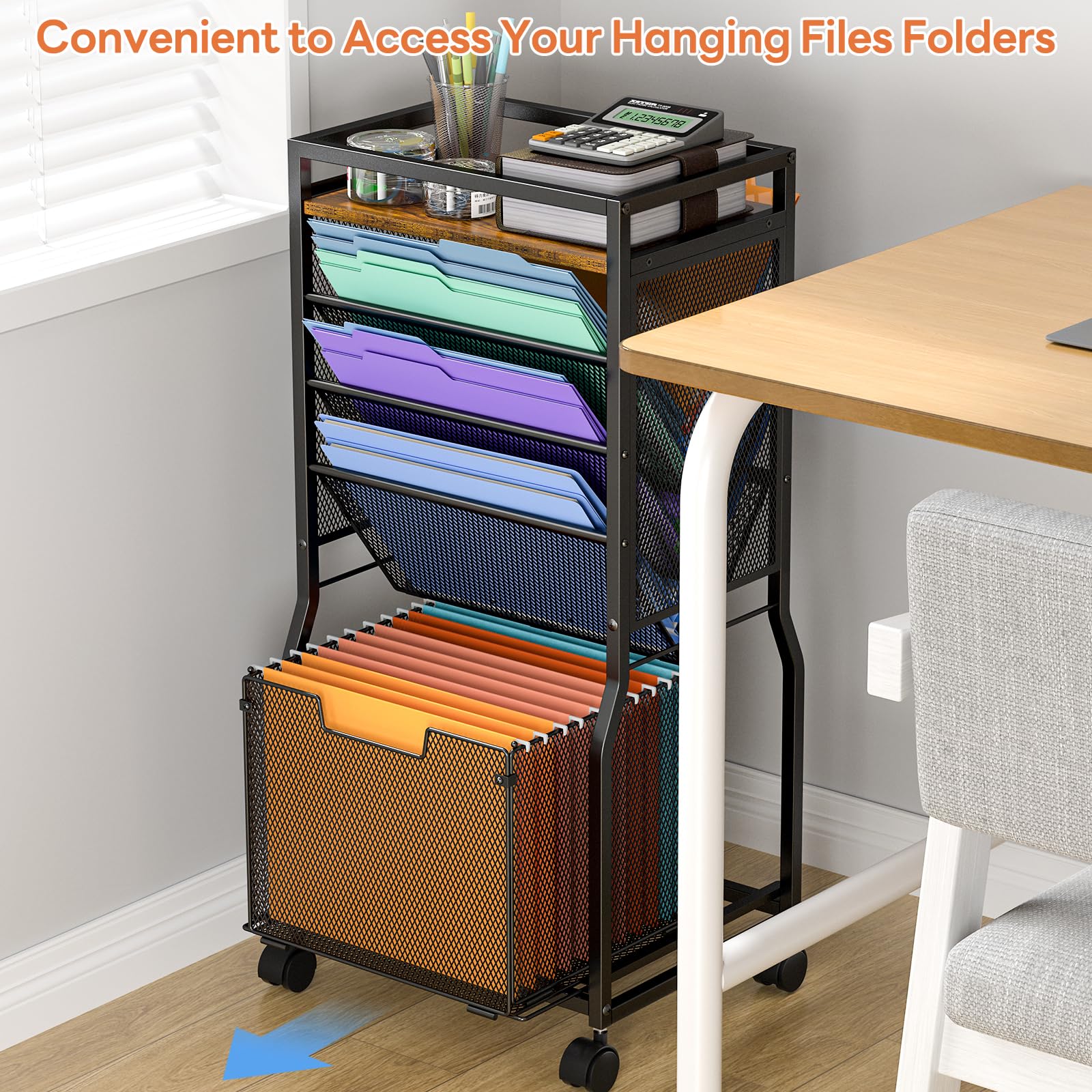 DAOUTIME 8 Tier Rolling File Cart with Hanging File Folder Organizer, Mobile File Organizer with 2