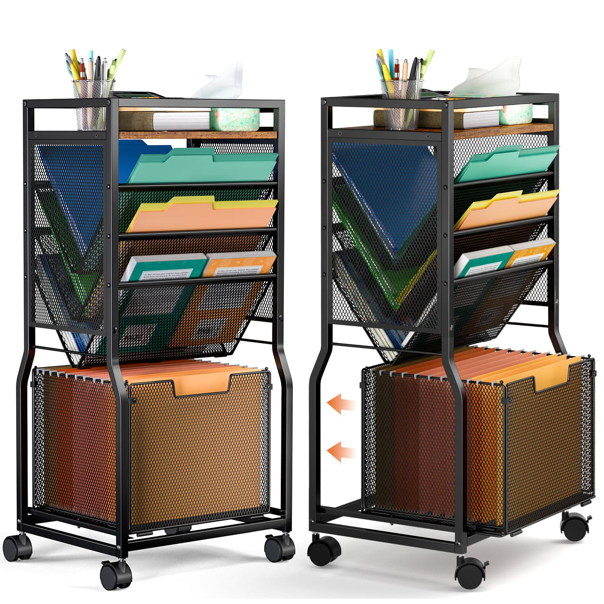 DAOUTIME 8 Tier Rolling File Cart with Hanging File Folder Organizer, Mobile File Organizer with 2