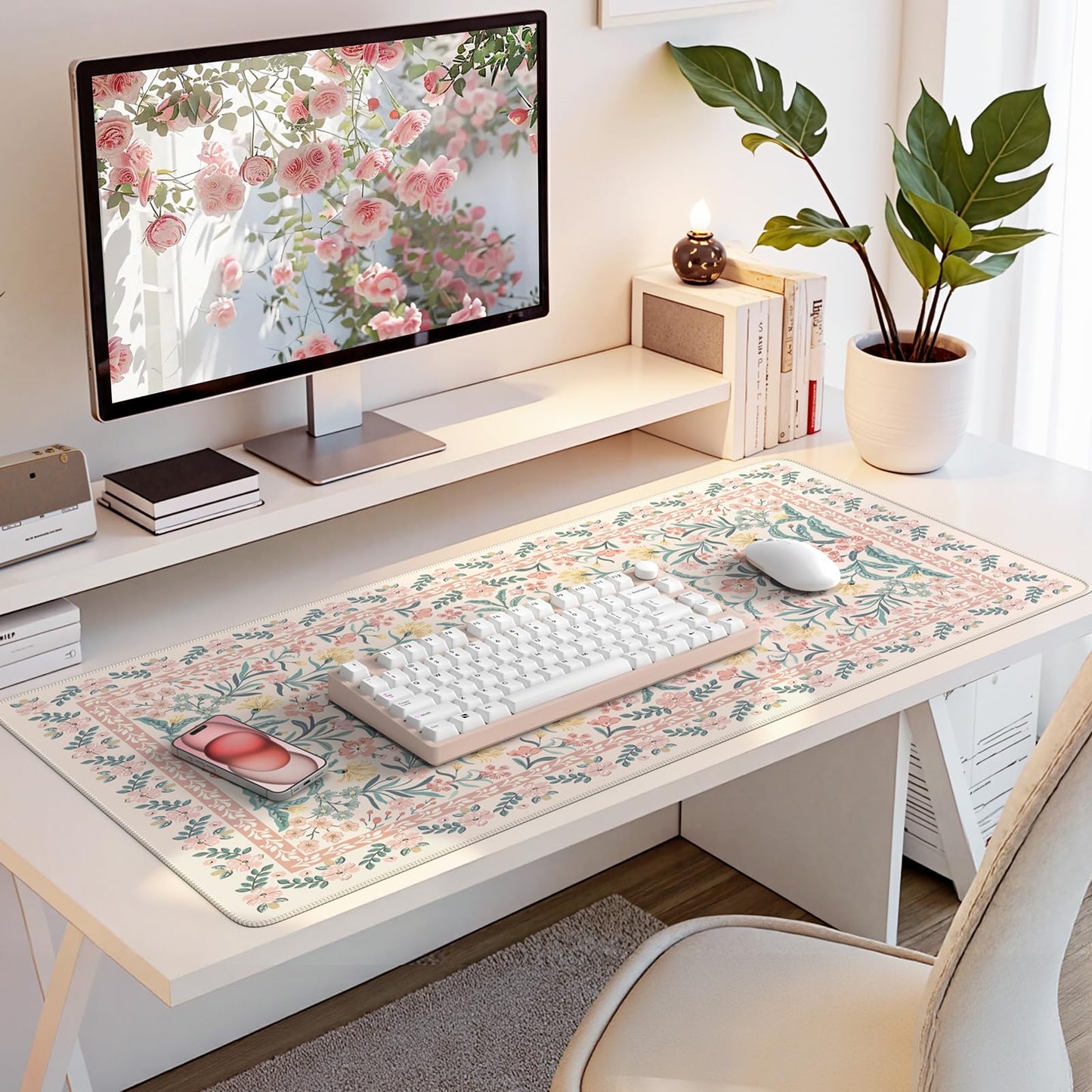 HAOCOO Large Desktop Pad for Keyboard Mouse, Non-Slip Floral Desk Mat(Pink)