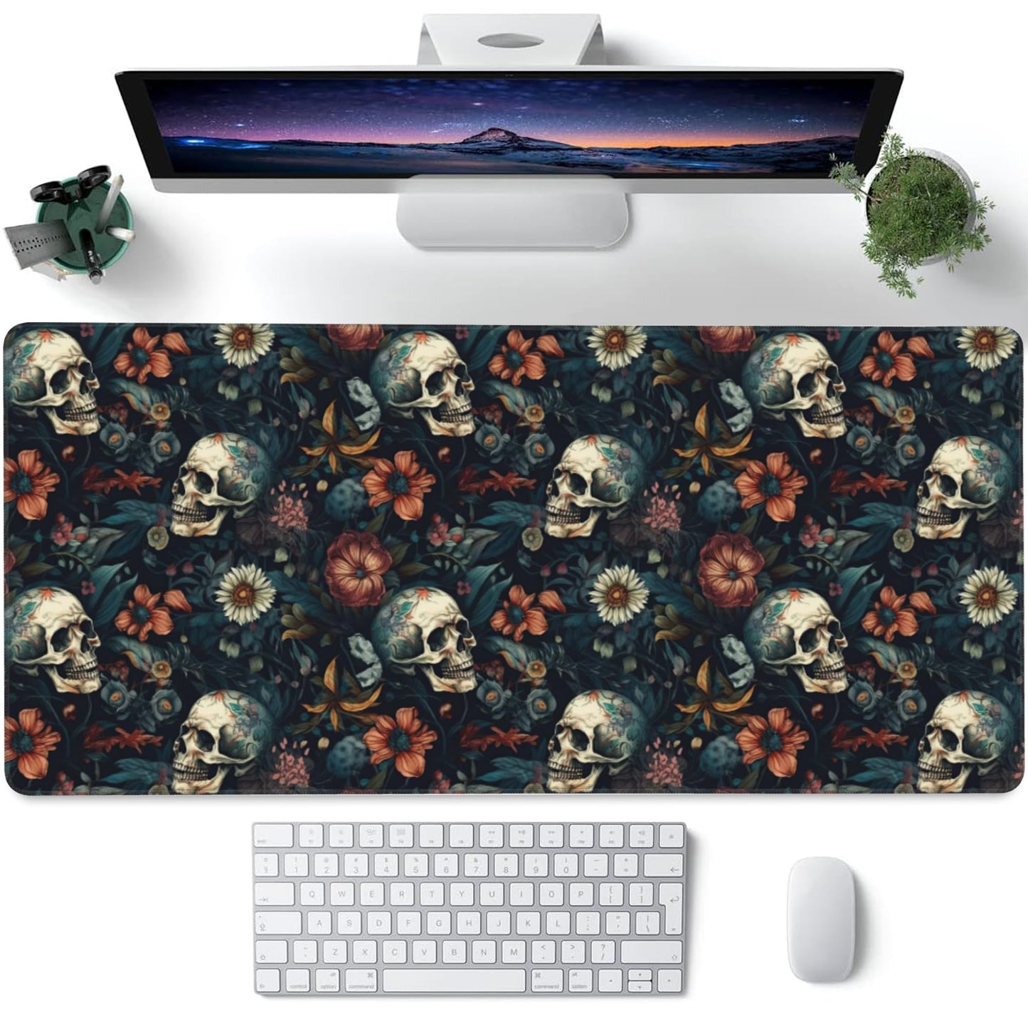 Desk Mat,Skulls with Flowers Large Gaming Mouse Pad for Desk XXL,Skull Floral Desk Pad for