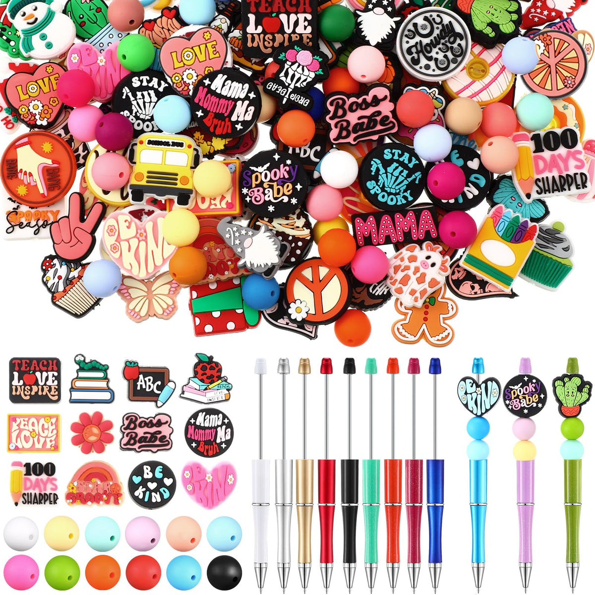 Humyoun 122 Pcs Beadable Pen DIY Kit with Silicone Beads, Bright Style