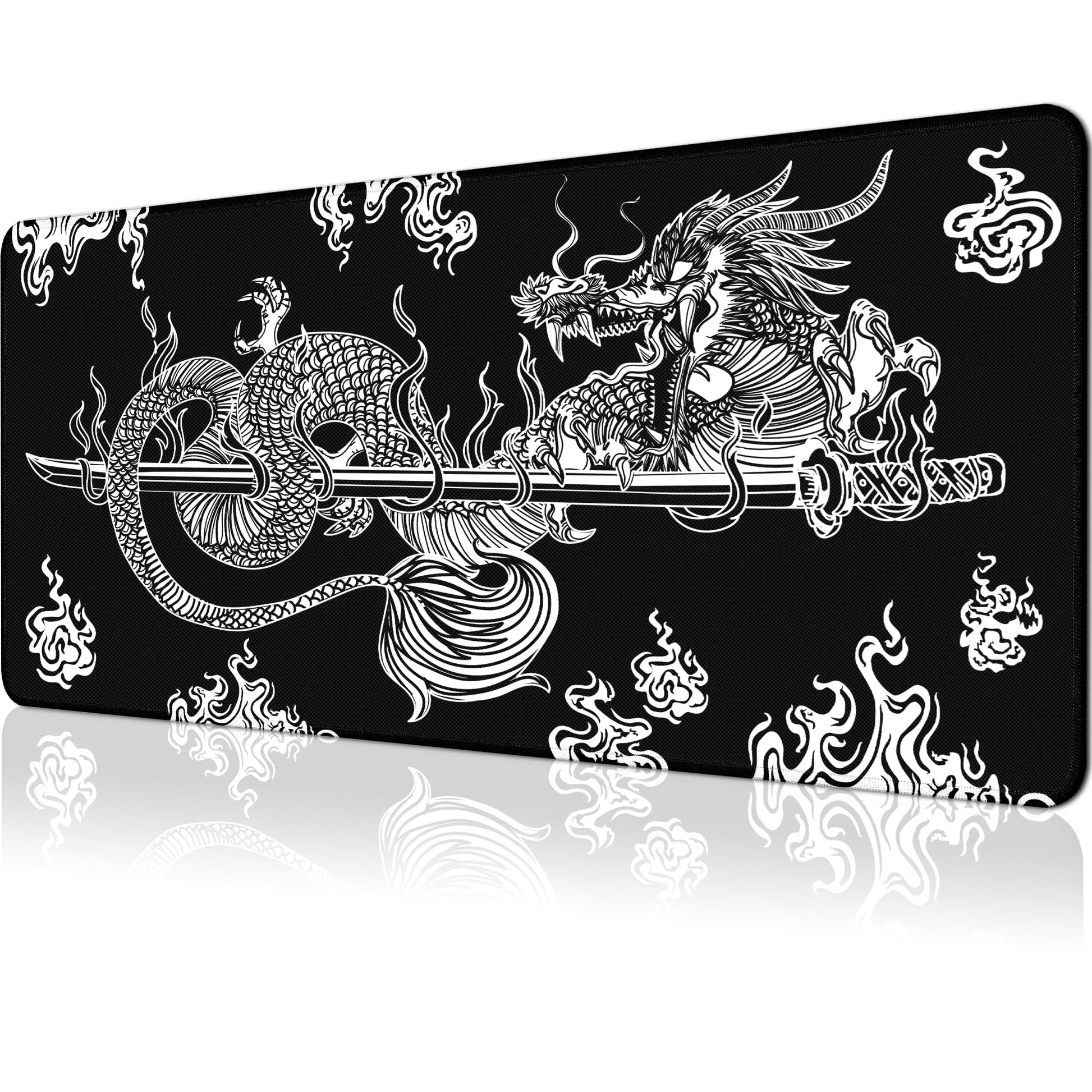 Japanese Dragon Gaming Mouse Pad Large Black Desk Mat, 31.5x11.8in, XL