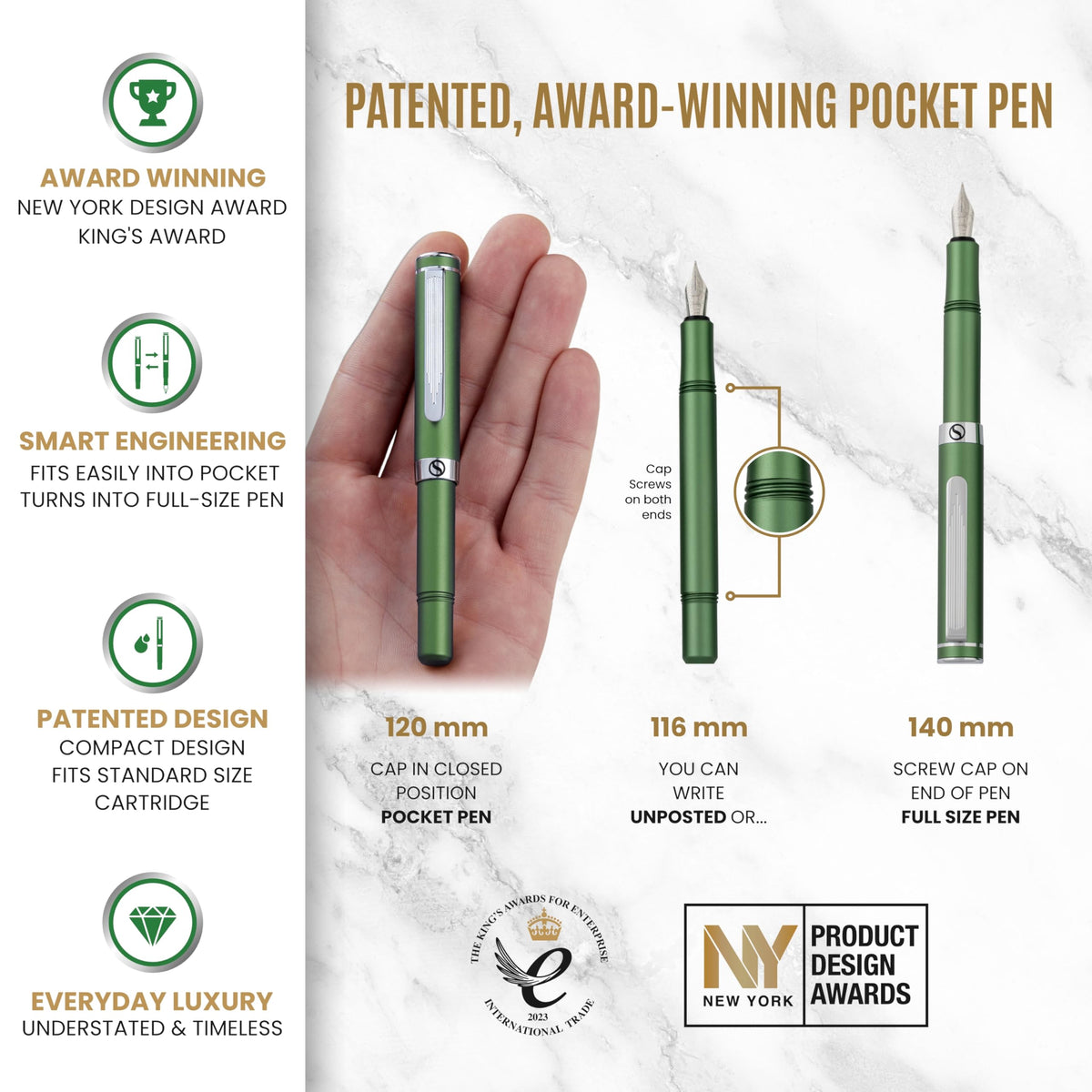 Scriveiner Personalized Luxury EDC Fountain Pen (Medium), Stunning Matt Green Pocket Pen, Chrome