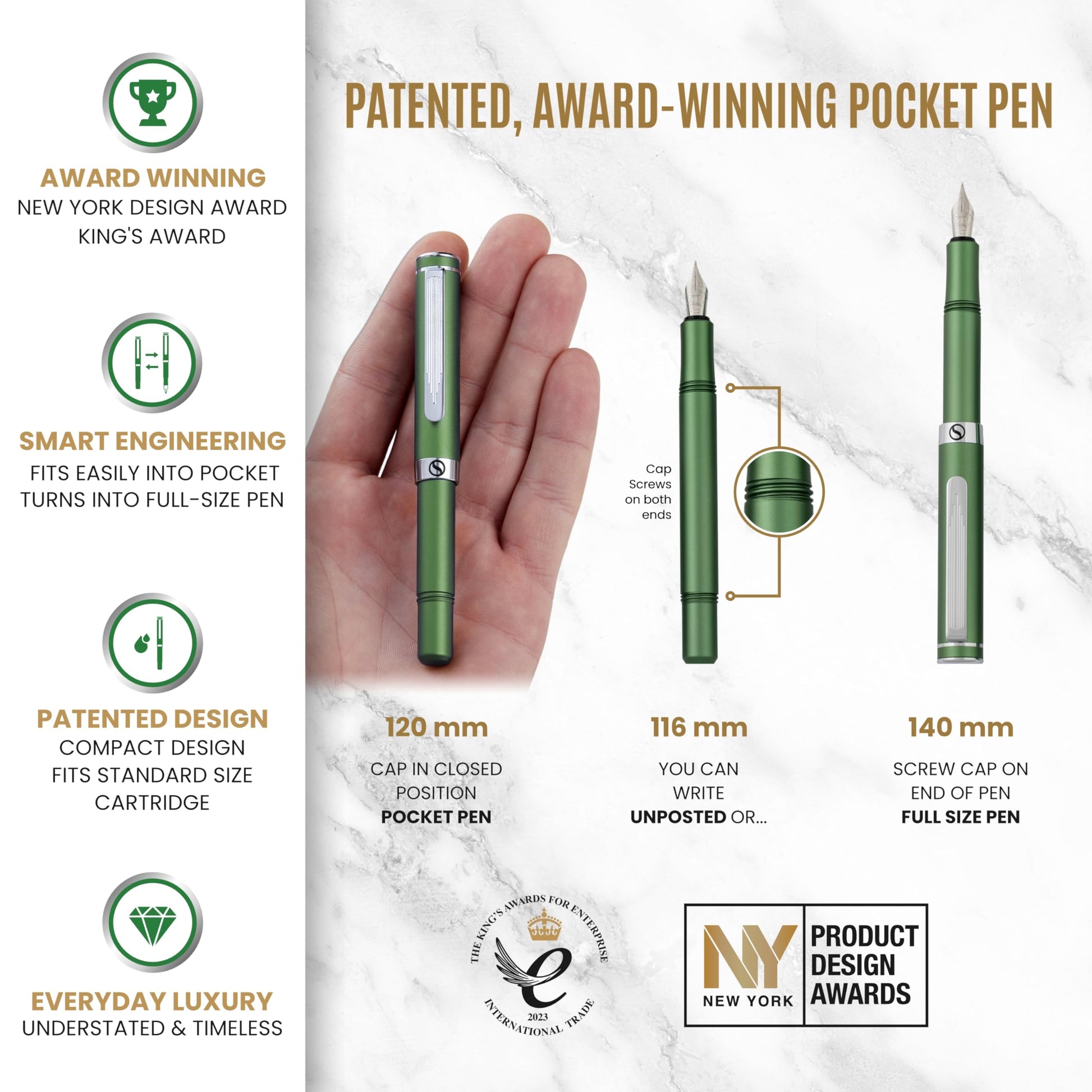 Scriveiner Luxury EDC Fountain Pen (Medium), Stunning Matt Green Pocket Pen, Chrome Finish, Schmidt