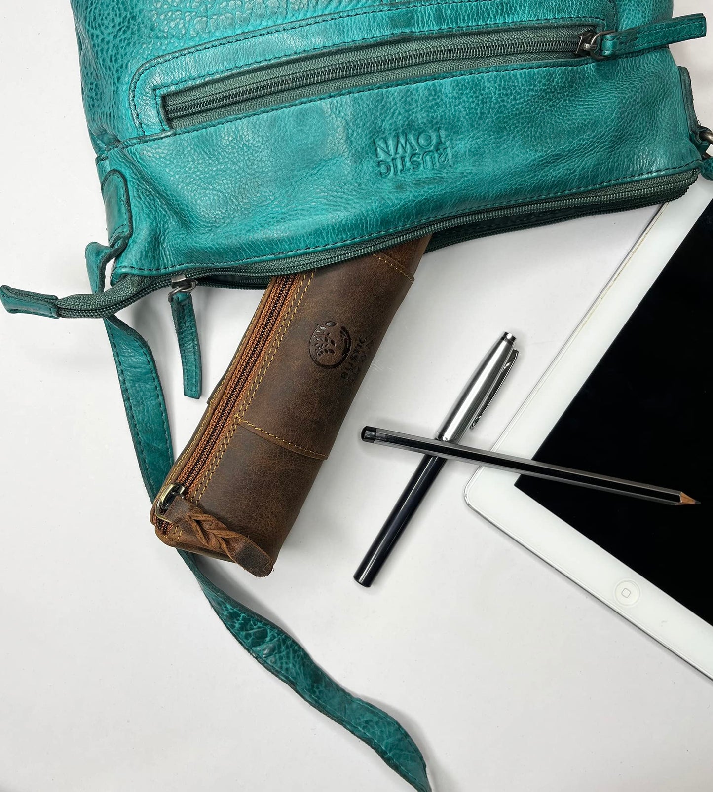 Rustic Town Leather Pencil Case - Full Grain Leather Zippered Pen Pouch - Stationery Bag Pen Holder
