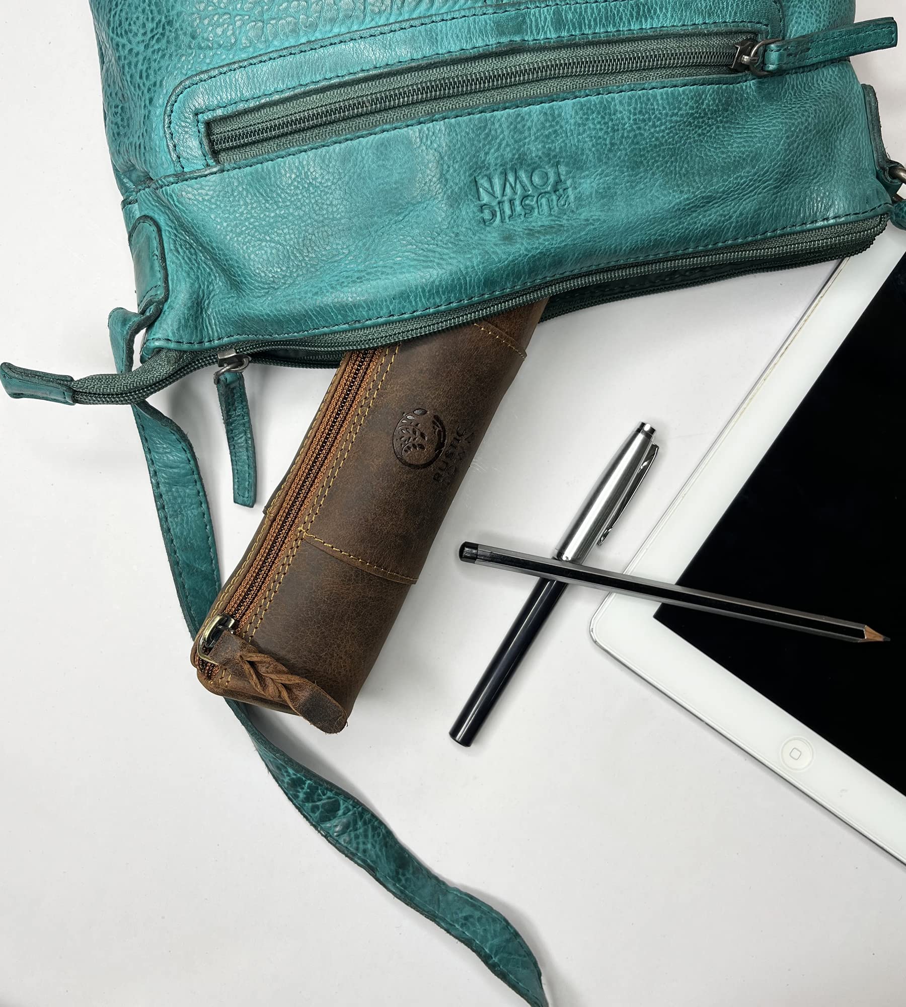 Rustic Town Leather Pencil Case - Full Grain Leather Zippered Pen Pouch - Stationery Bag Pen Holder