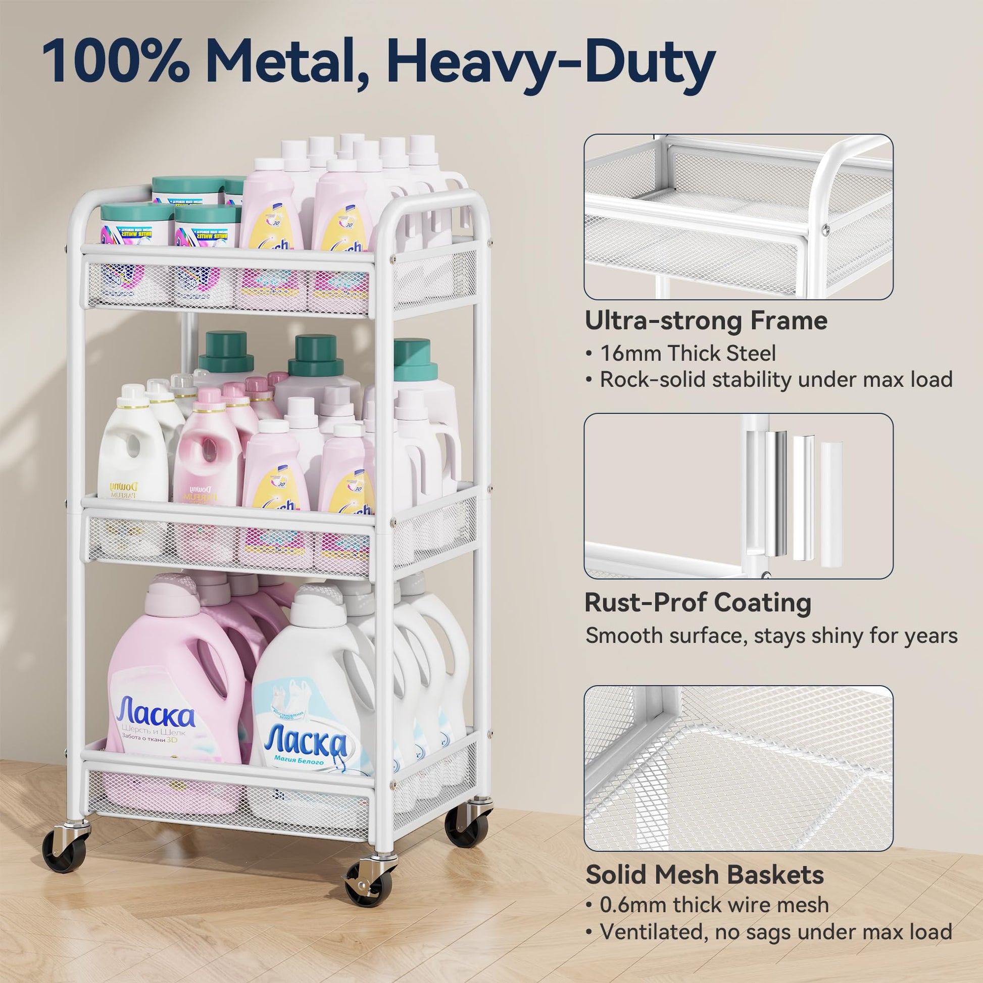 YASONIC 3 Tier Metal Rolling Cart, White Utility Storage Cart with Wheels