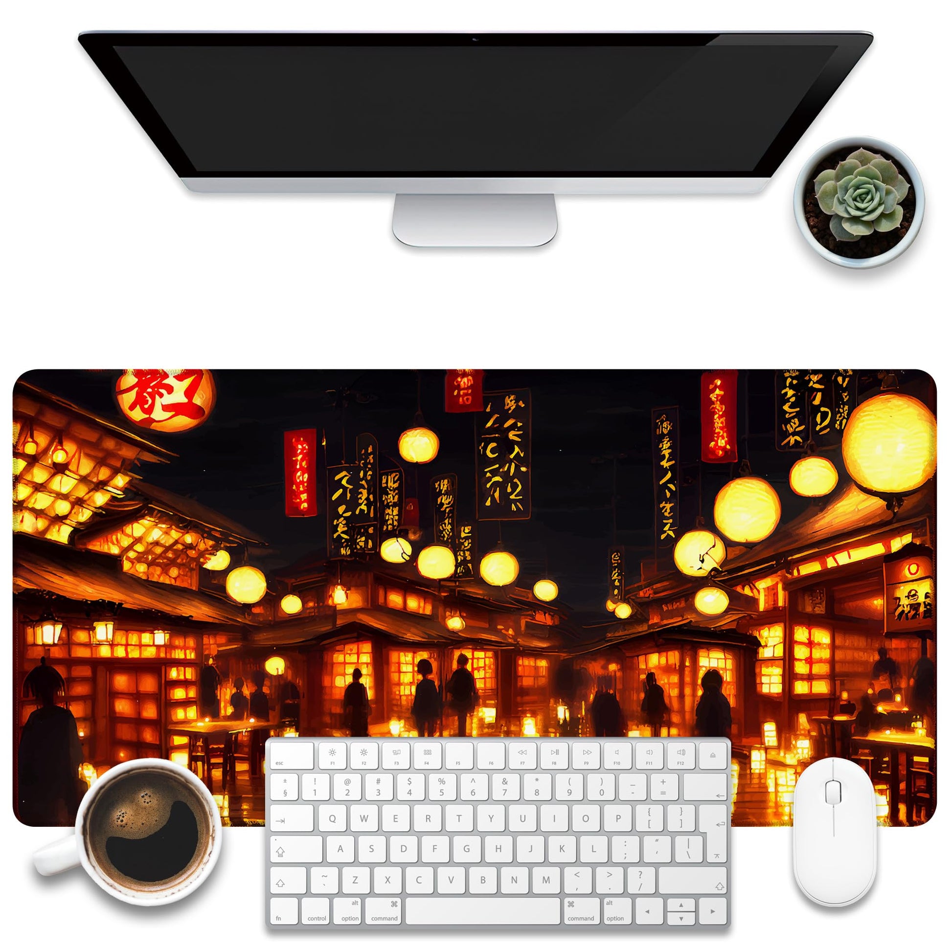 KOAIWPAE Desk Mat, City Lantern Night Scene Desk Pad, Japanese Traditional House Large Gaming Mouse