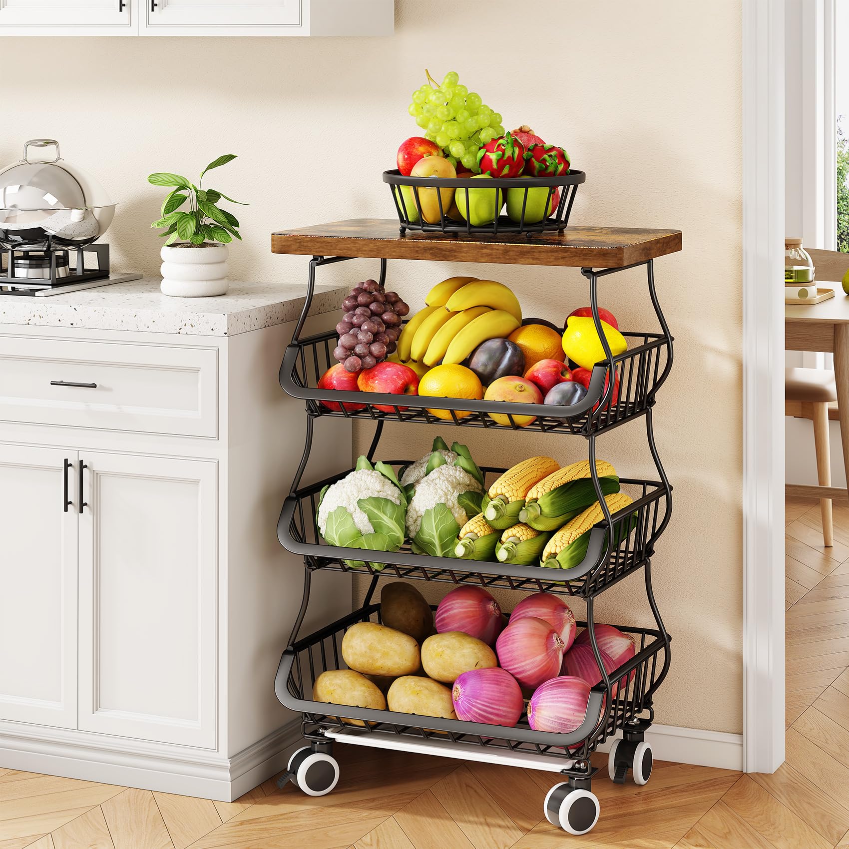 SAYZH 4-Tier Fruit and Vegetable Basket Stand for Kitchen, Wood Top, Black