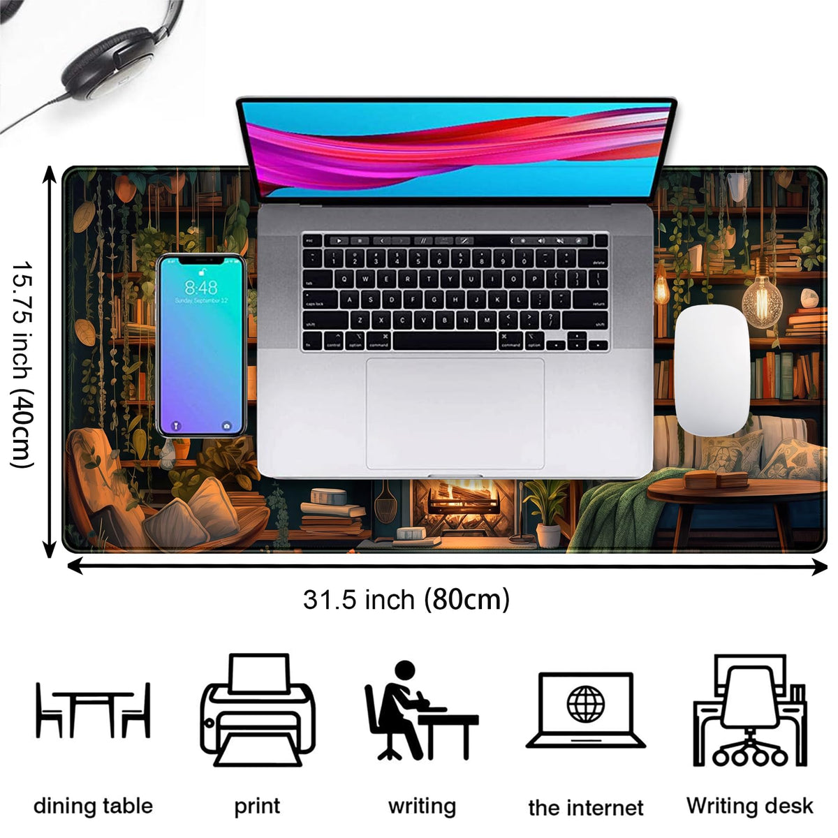 Large Mouse Pad Cozy Library, Extended Full Desk Mouse Mat Gaming Desktop Pad, Computer Keyboard