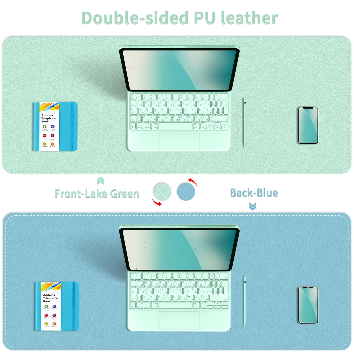 Dual-Sided Desk Mat, Large Pad, Waterproof Smooth PU Leather Blotter Protector, Mouse Pad, Desk