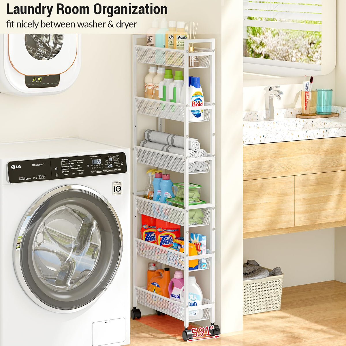 ThreeHio 6 Tier Slim Storage Cart, Narrow Cart with Wheels, Metal Mobile Shelving Unit Organizer