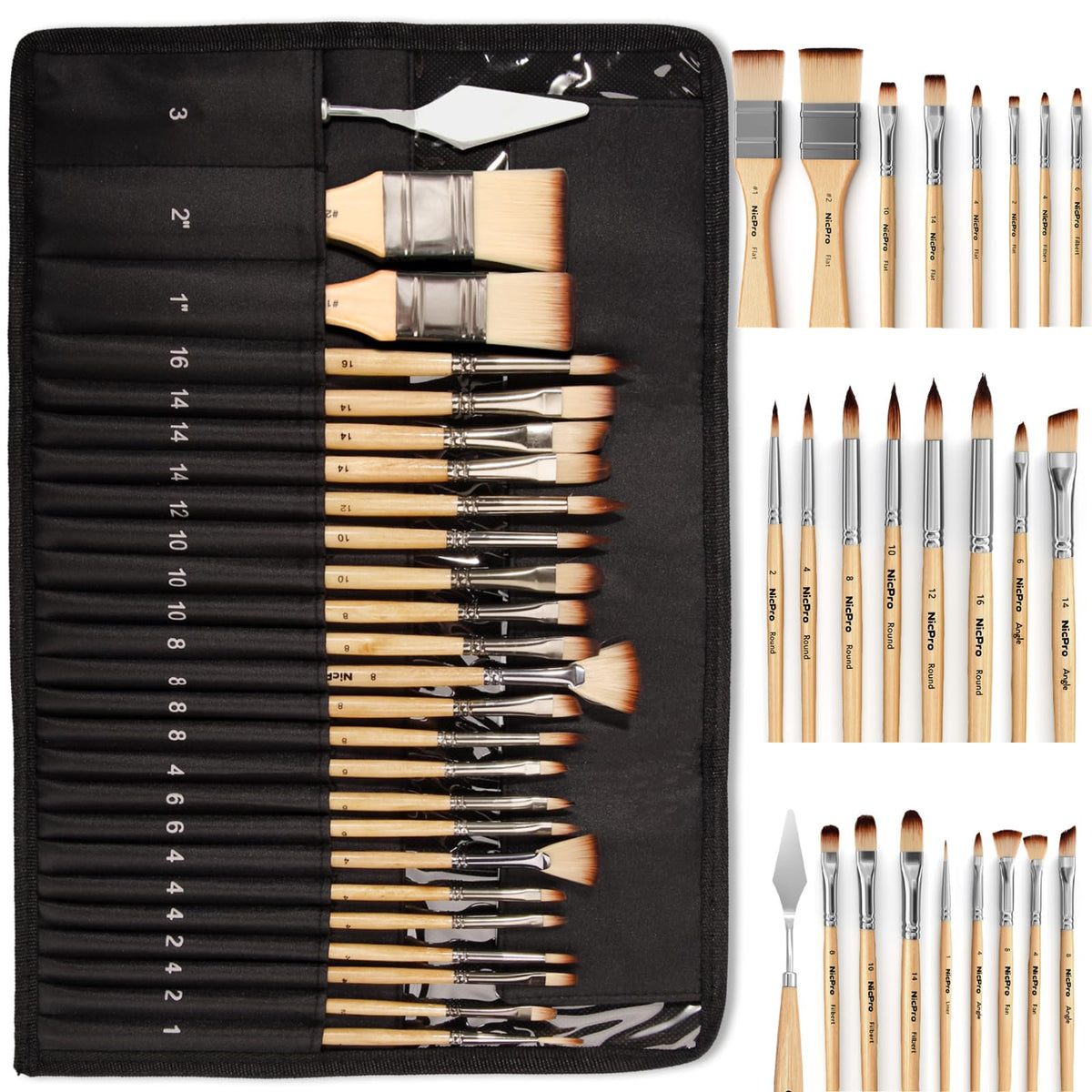 Nicpro 26pcs Professional Paint Brush Set with Palette Knife & Canvas Roll