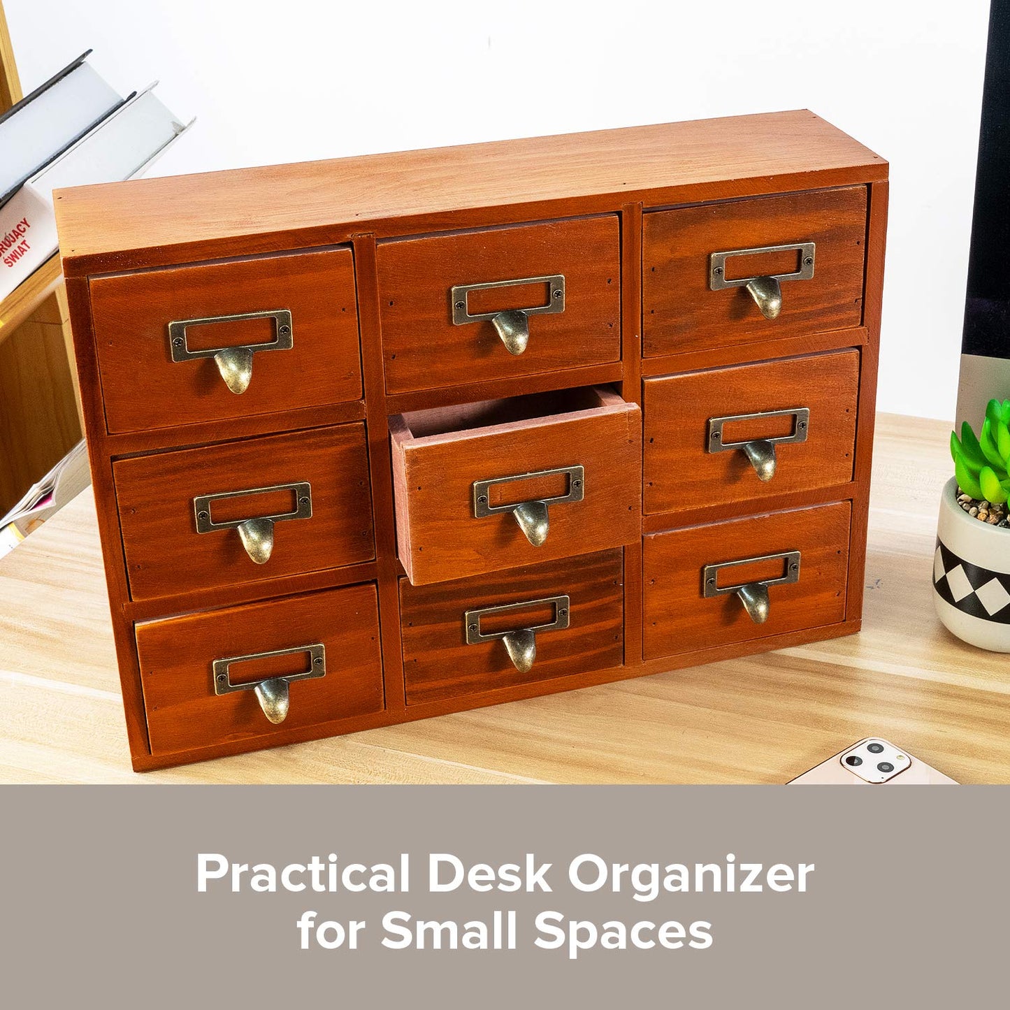 Wooden Drawer Organizer for Desktop - Vintage Apothecary Cabinet w/ 9 Drawers - Wood Desk Organizer