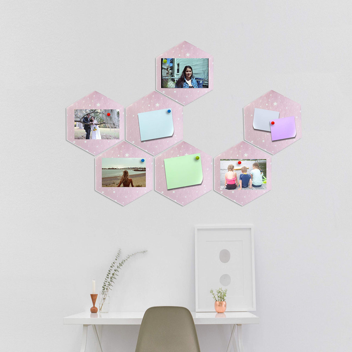 Fovasen 8 Pcs Felt Hexagon Cork Board Tiles, Self-Adhesive Notice Board Pink Wall Tiles with Push