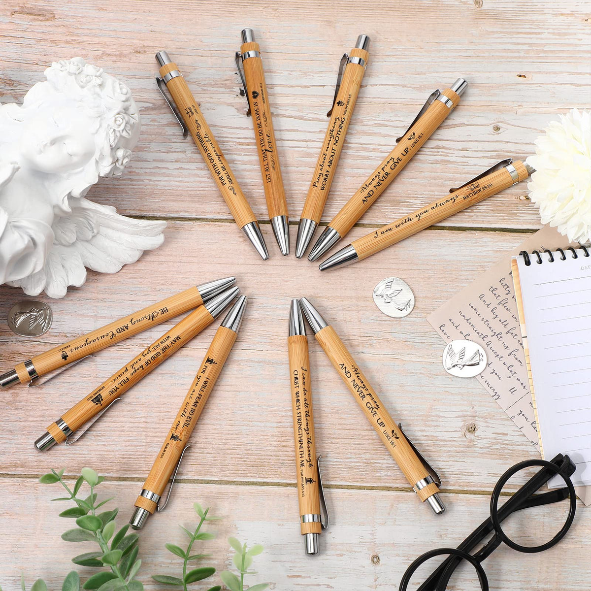 Fumete 100 Pcs Christian Pens Bulk Bamboo Ballpoint with Bible Verse