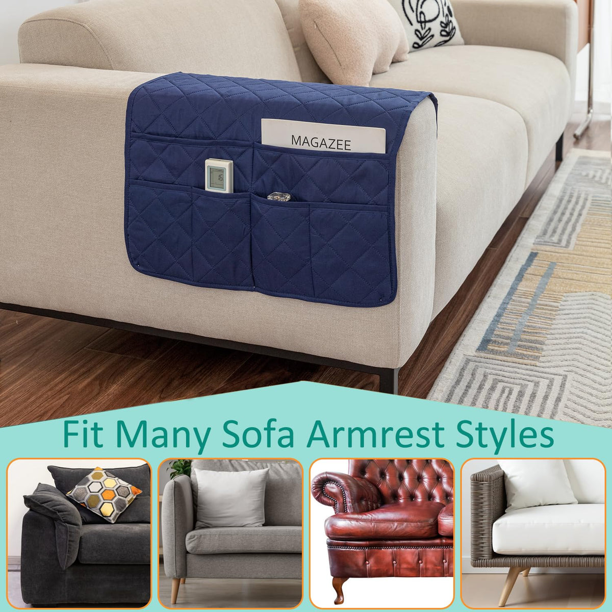 DECKALY Sofa Armrest Organizer with 6 Pockets, Non-Slip Couch Recliner Armchair Caddy, Washable