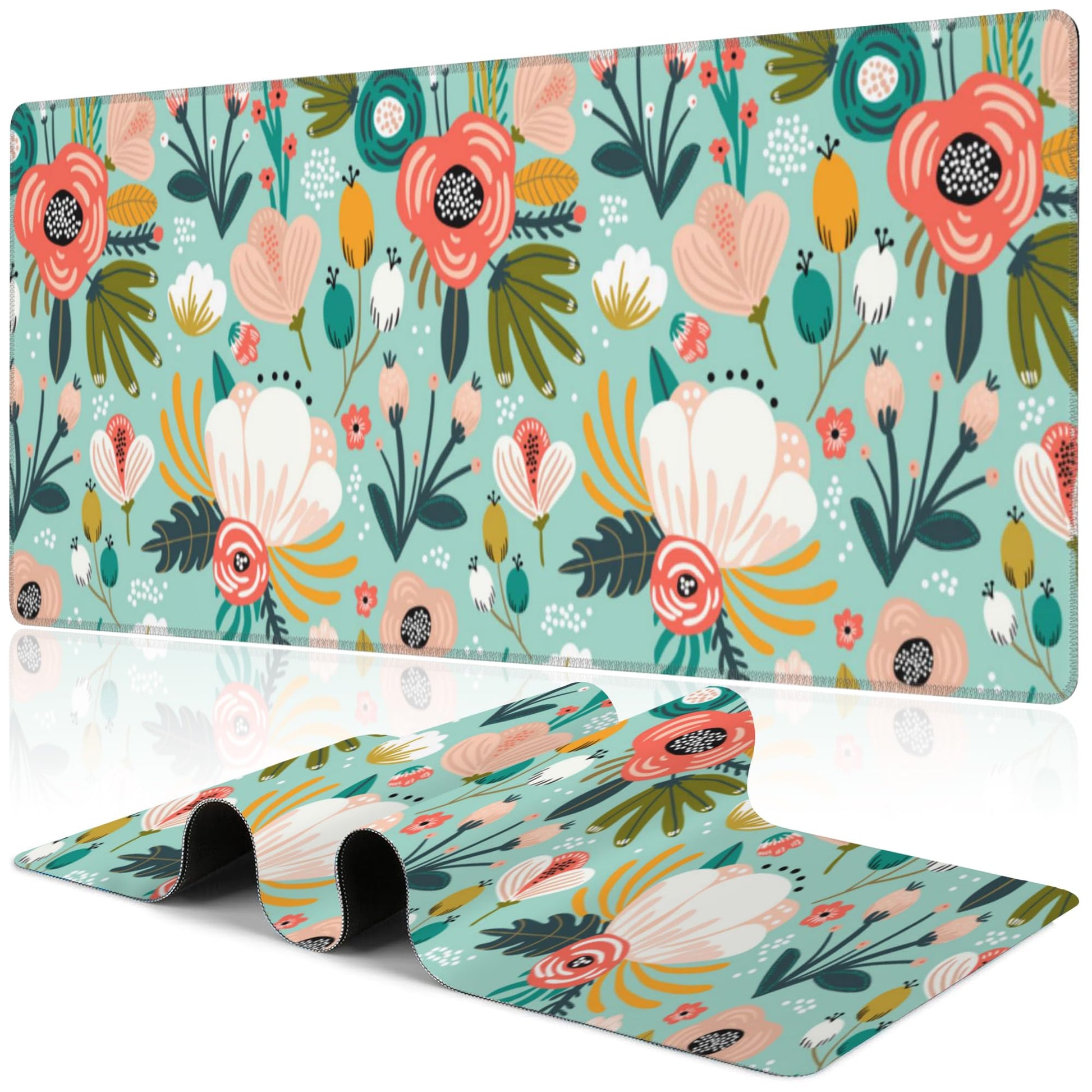 Colorful Flowers and Berries Desk Mat,Large Beautiful Floral Branches Gaming Keyboard Mouse