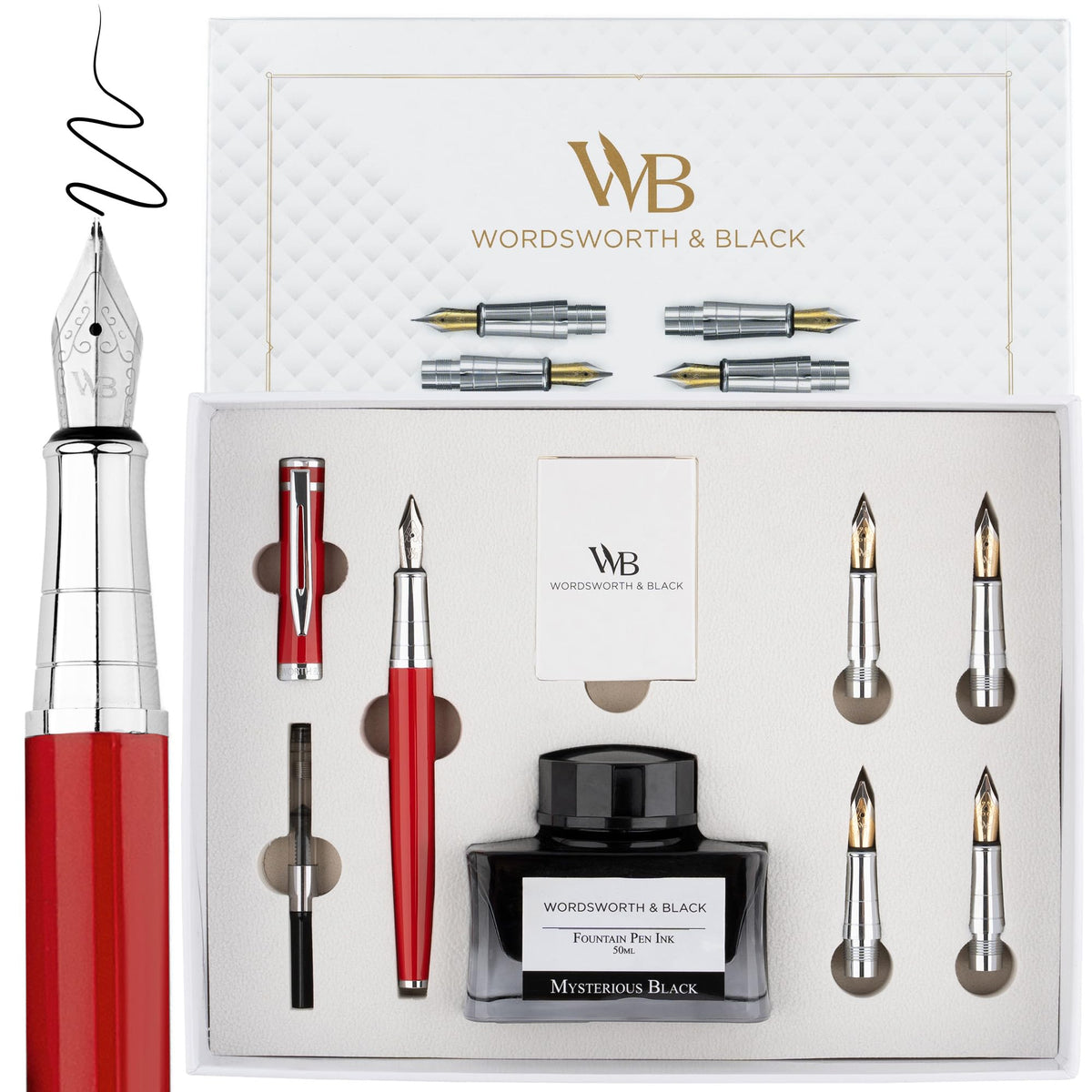 Wordsworth & Black Luxury Fountain Pen Set for Writing, 6 Nibs, Red