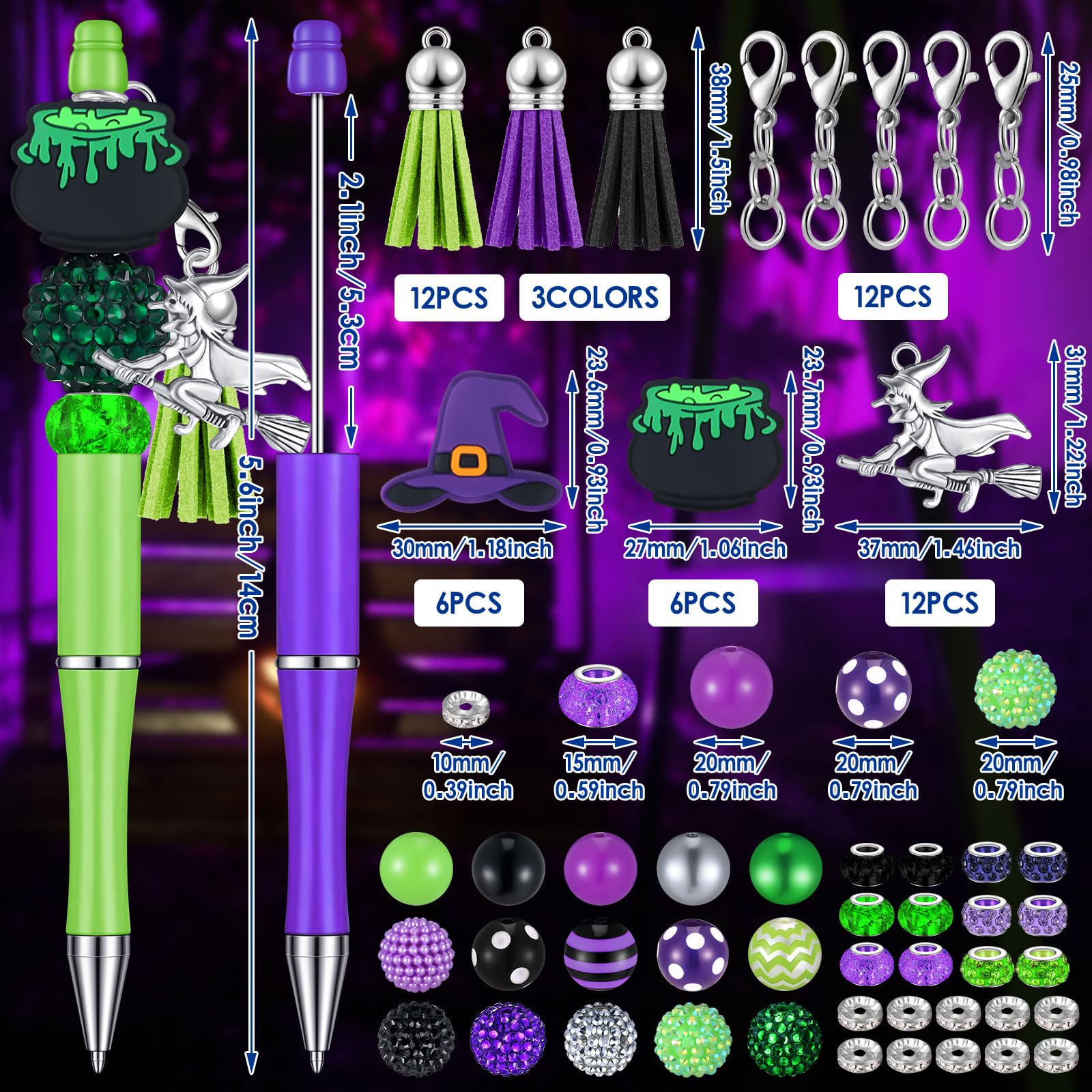Jutom 12 Pcs Halloween Beadable Pens with Silicone Focal Beads