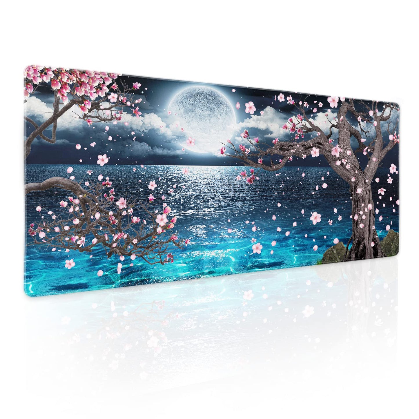 Pink Cherry Blossom Gaming Mouse Pad XL Sakura Tree Blue Ocean Moon Night Extended Big Large Desk
