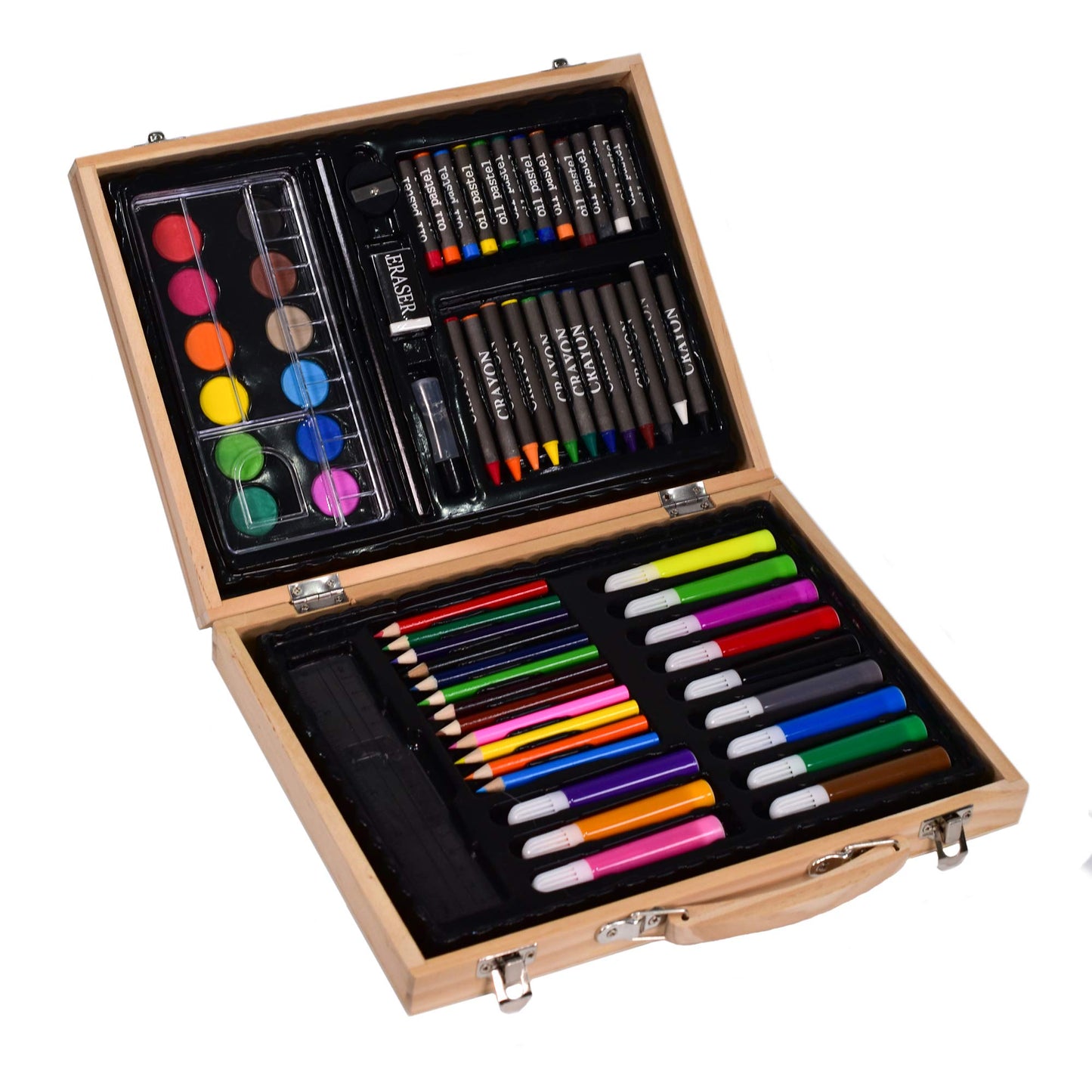 Childrens 67 PC Craft Art Artists Set in Wooden Box Case Crayons Paints Pens Pencils by Unknown