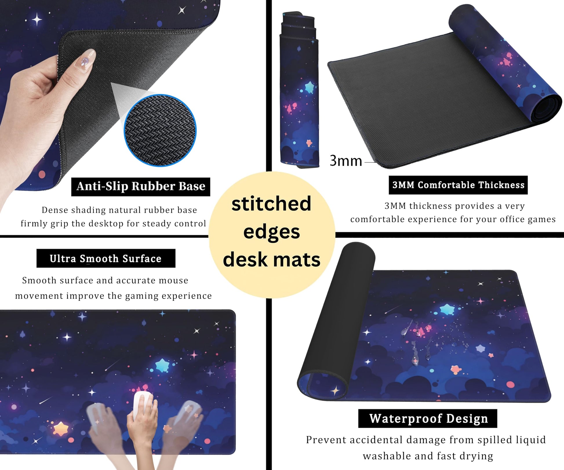 Blue Stars Desk Mat Cute Cloud Desk Pad, Aesthetic Starry Sky Mouse Mat Gaming Mousepad XXL, Extra