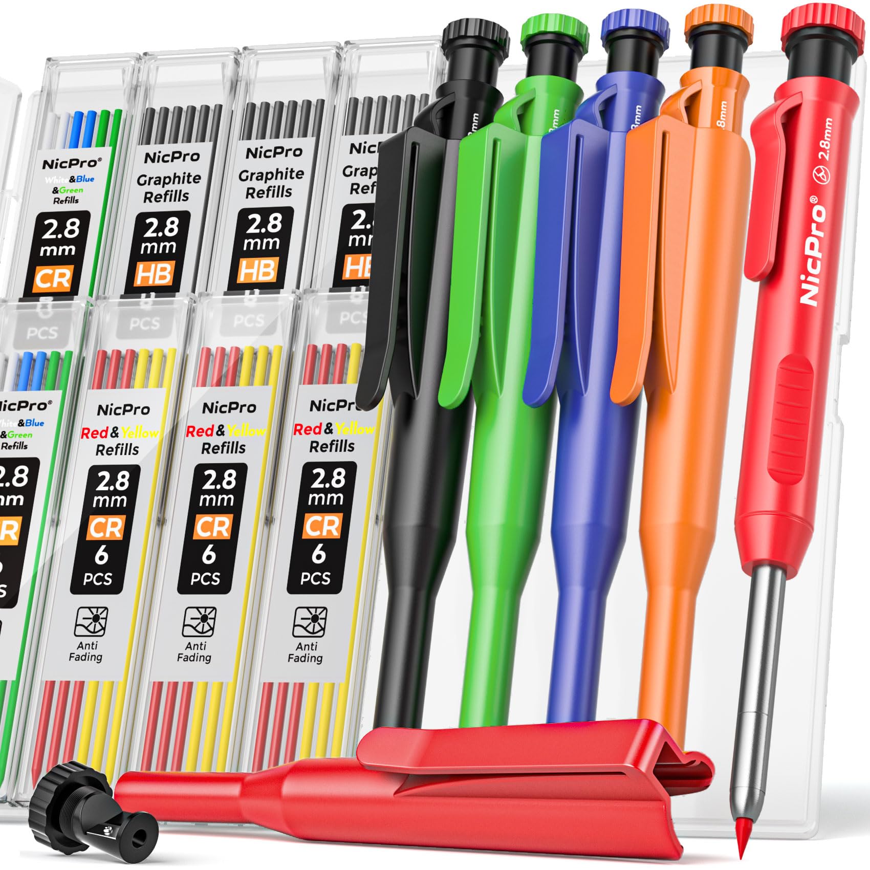 Nicpro 5 Pack Carpenter Pencil with Sharpener & Holster, Carpenter Tools