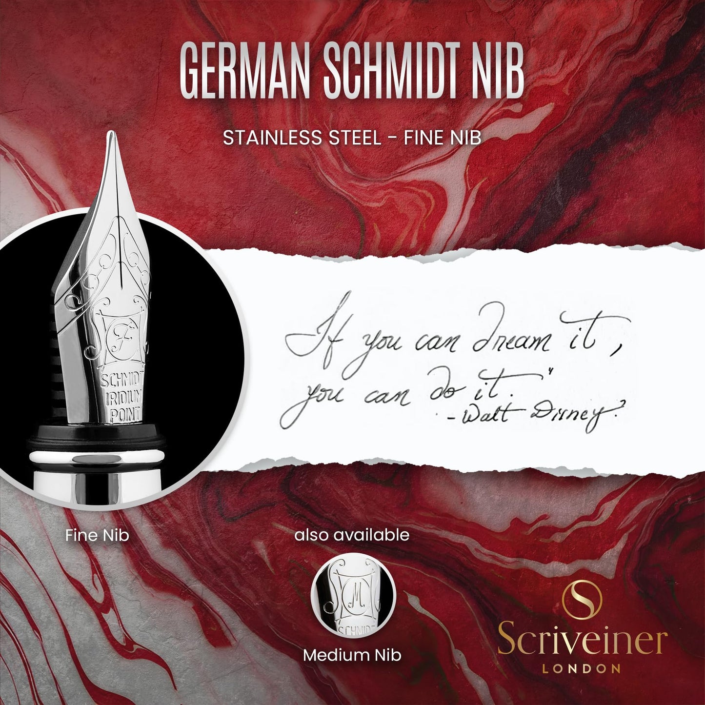 Scriveiner Deep Crimson Red Fountain Pen - Stunning Luxury Pen with Chrome Finish, Schmidt Nib