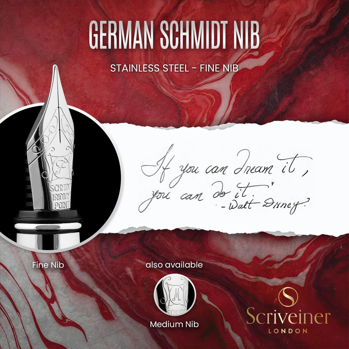 Scriveiner Deep Crimson Red Fountain Pen - Stunning Luxury Pen with Chrome Finish, Schmidt Nib