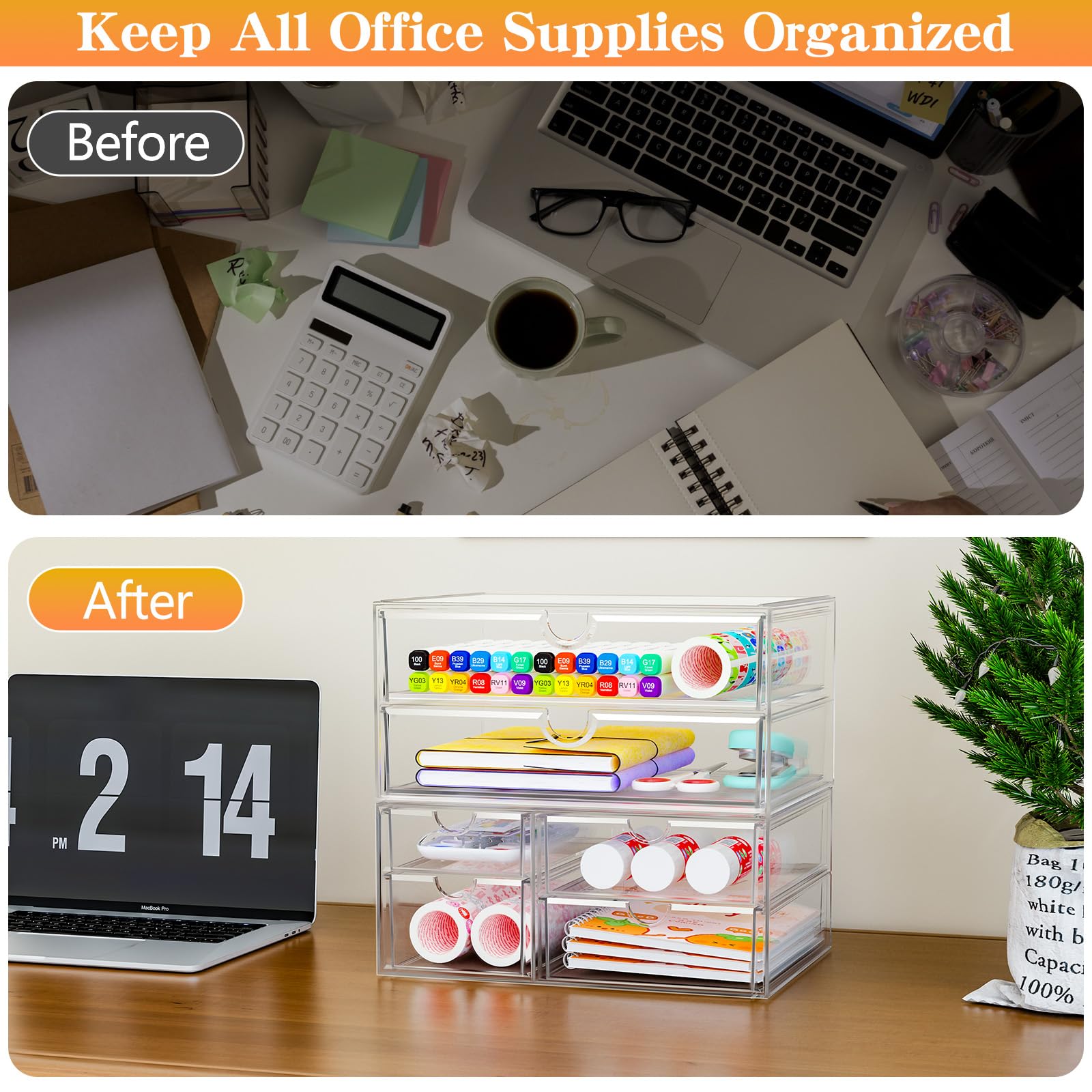 ARSTPEOE Acrylic Organizer with 6 Drawers, Bathroom Counter Organizer, Makeup Desk Organizers