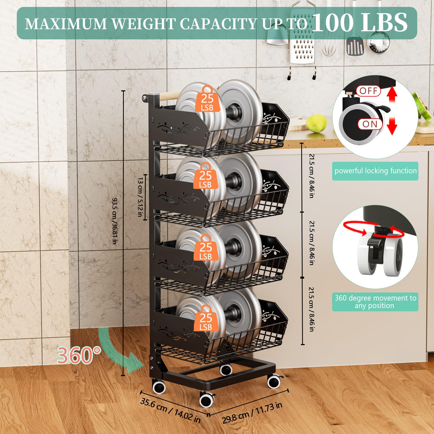 Heavy 4-Tier Snack Cart with Wheels ，Removable Rolling Pantry Cart，Black