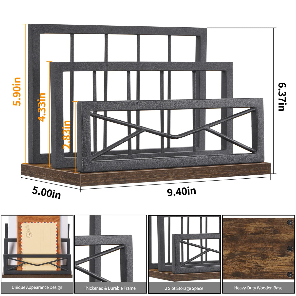 Snughome Desktop Mail Organizer, Desk Mail Organizer with 2-Slot Matte Black Metal Desktop Mail