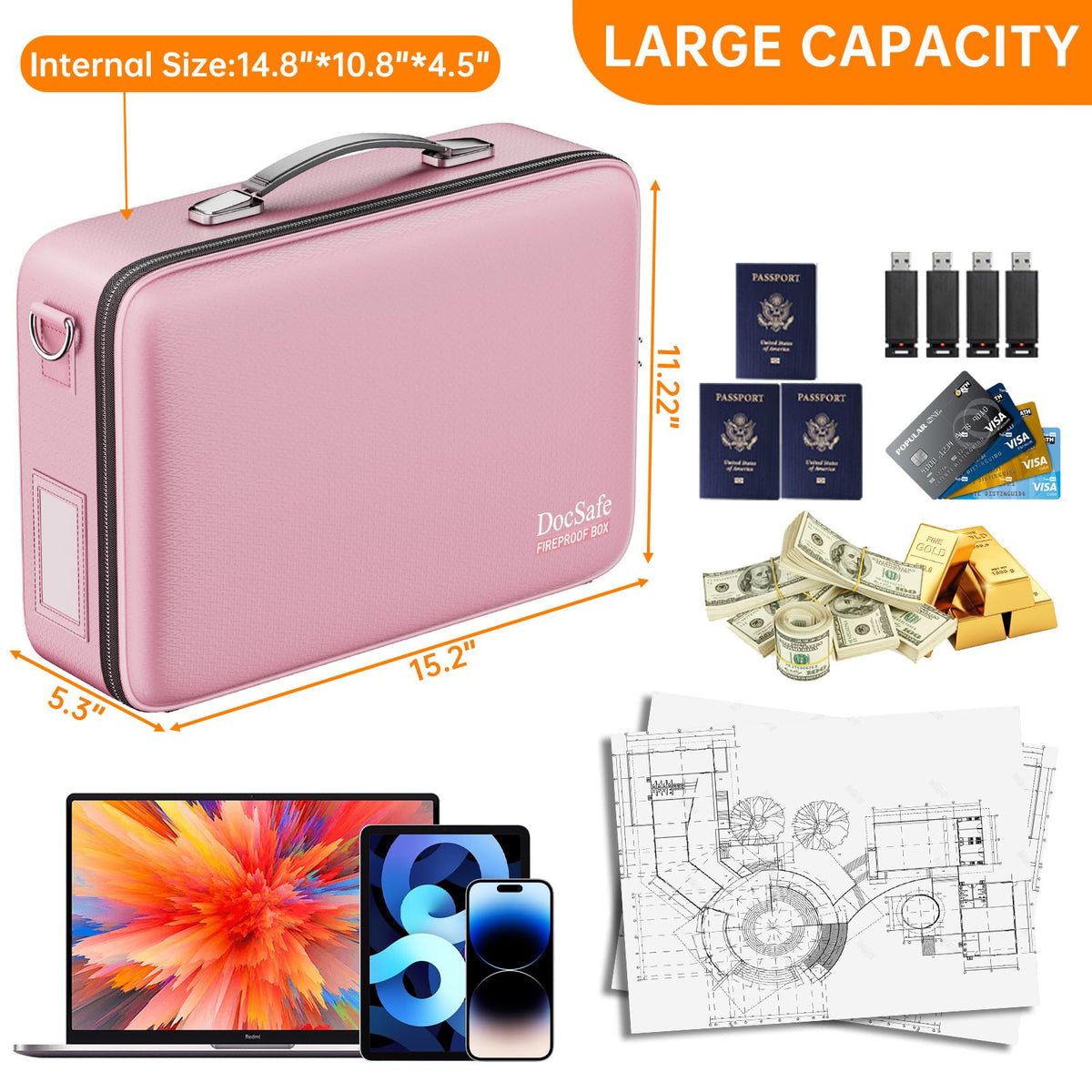 DocSafe Fireproof Document Box Hard Case with Lock ＆ Accordion File Folder