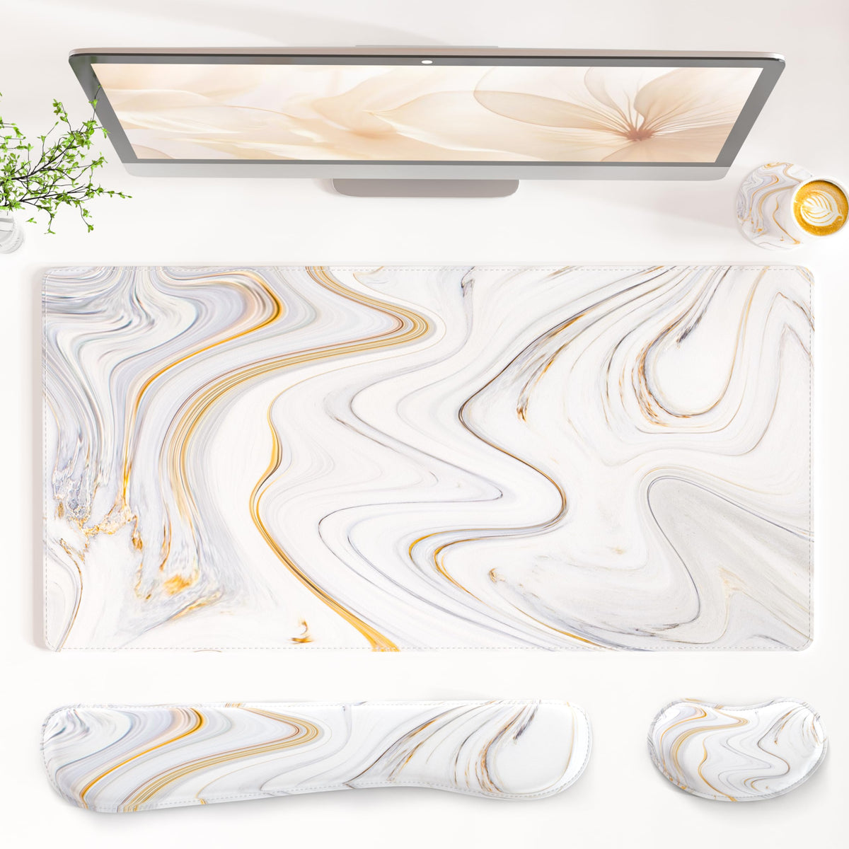 QiyI PU Leather Desk Mat Set, 4-in-1 Ergonomic Wrist Rest, Marble Stripes